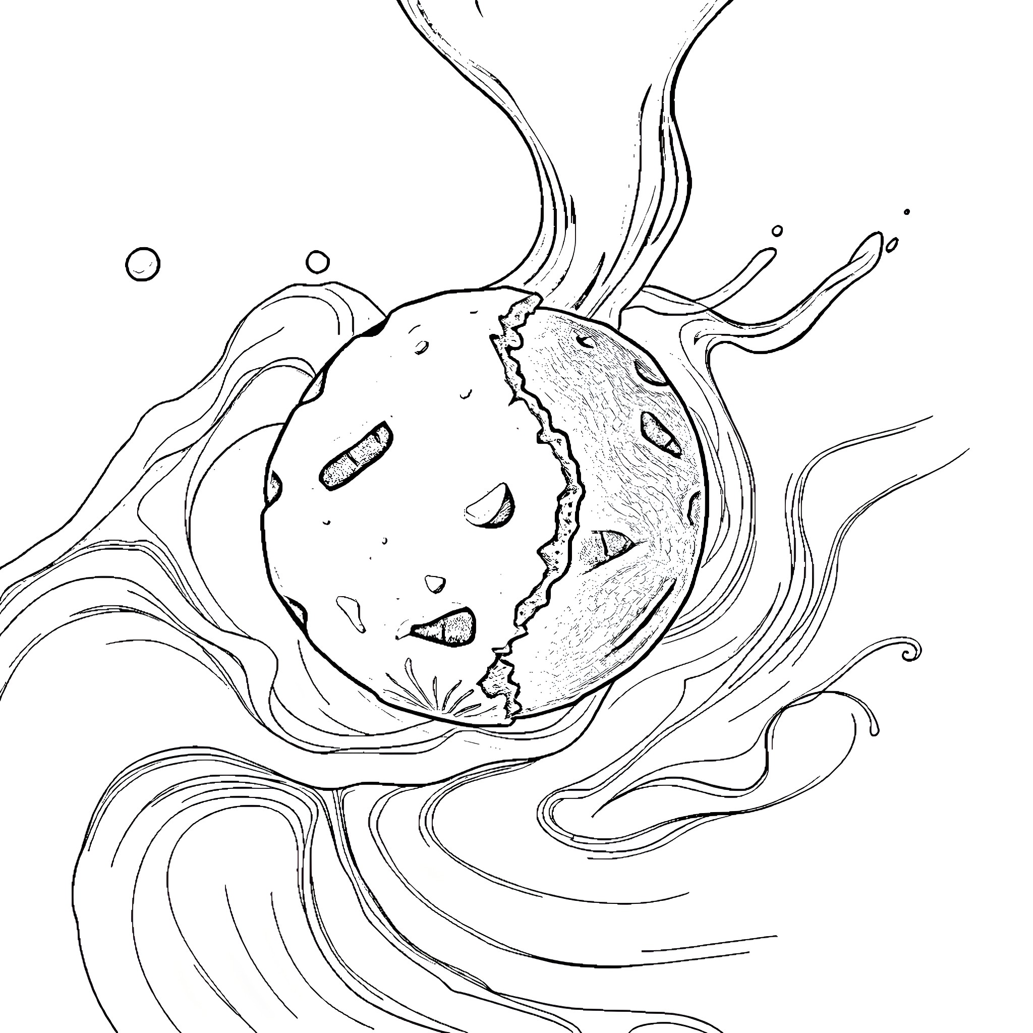 Cookie Creature Swimming in Abstract Underwater Landscape Coloring Page (free black-and-white line drawing printable PDF for all, from beginners to advanced learners, including children, teens, adults, and seniors)