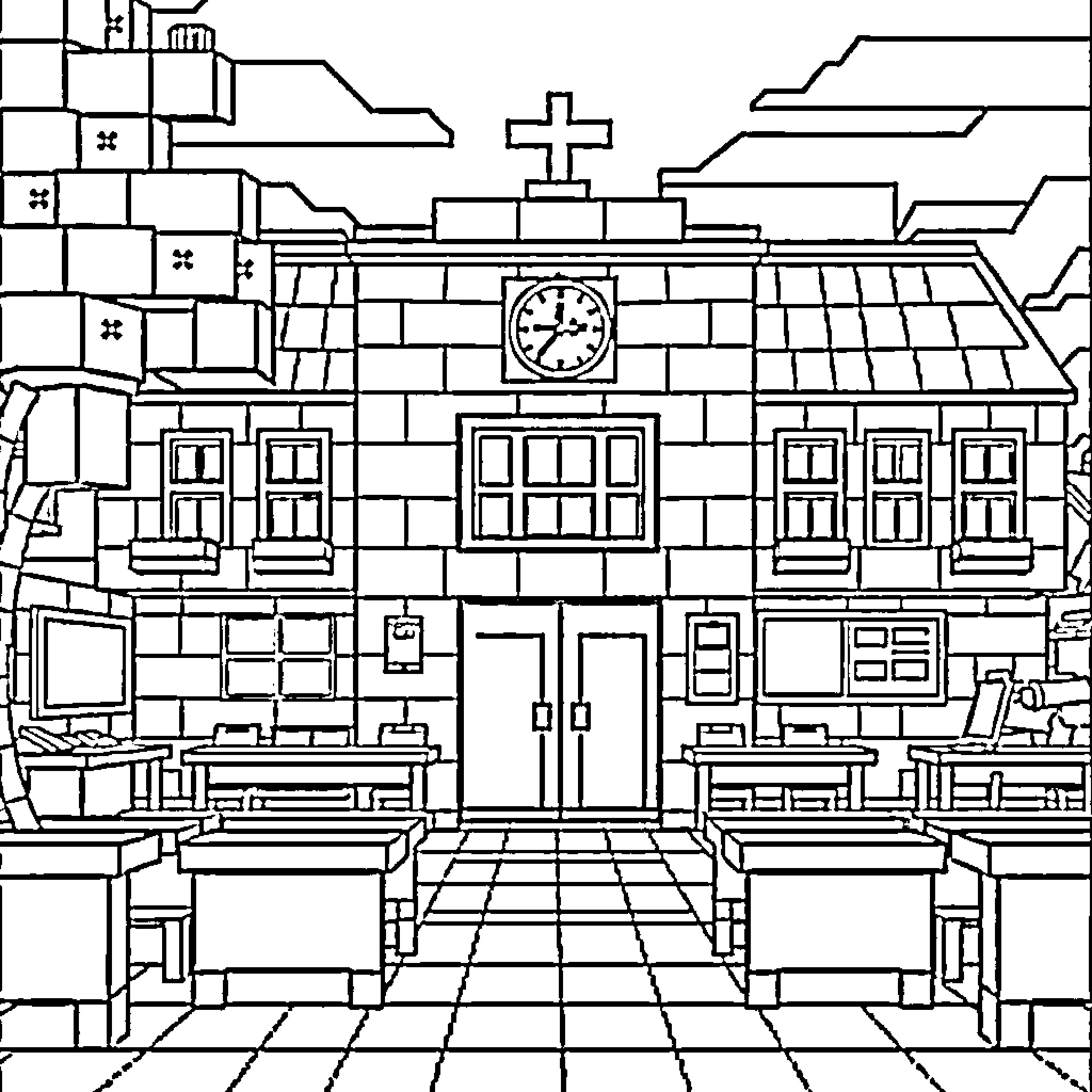 Minecraft church interior with furniture and decor Coloring Page (free black-and-white line drawing printable PDF for all, from beginners to advanced learners, including children, teens, adults, and seniors)