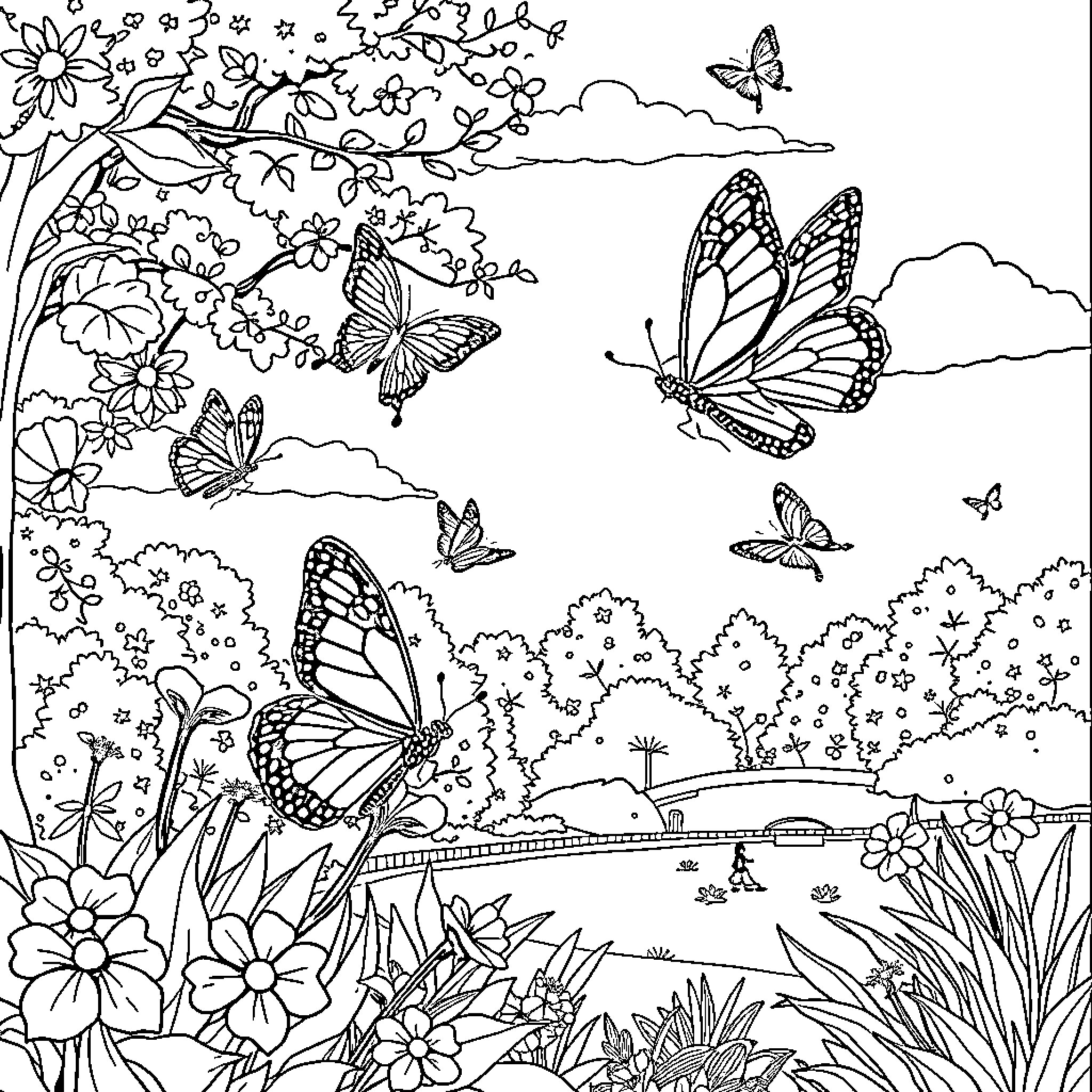 Butterfly garden with vibrant flowers and fluttering butterflies Coloring Page (free black-and-white line drawing printable PDF for all, from beginners to advanced learners, including children, teens, adults, and seniors)