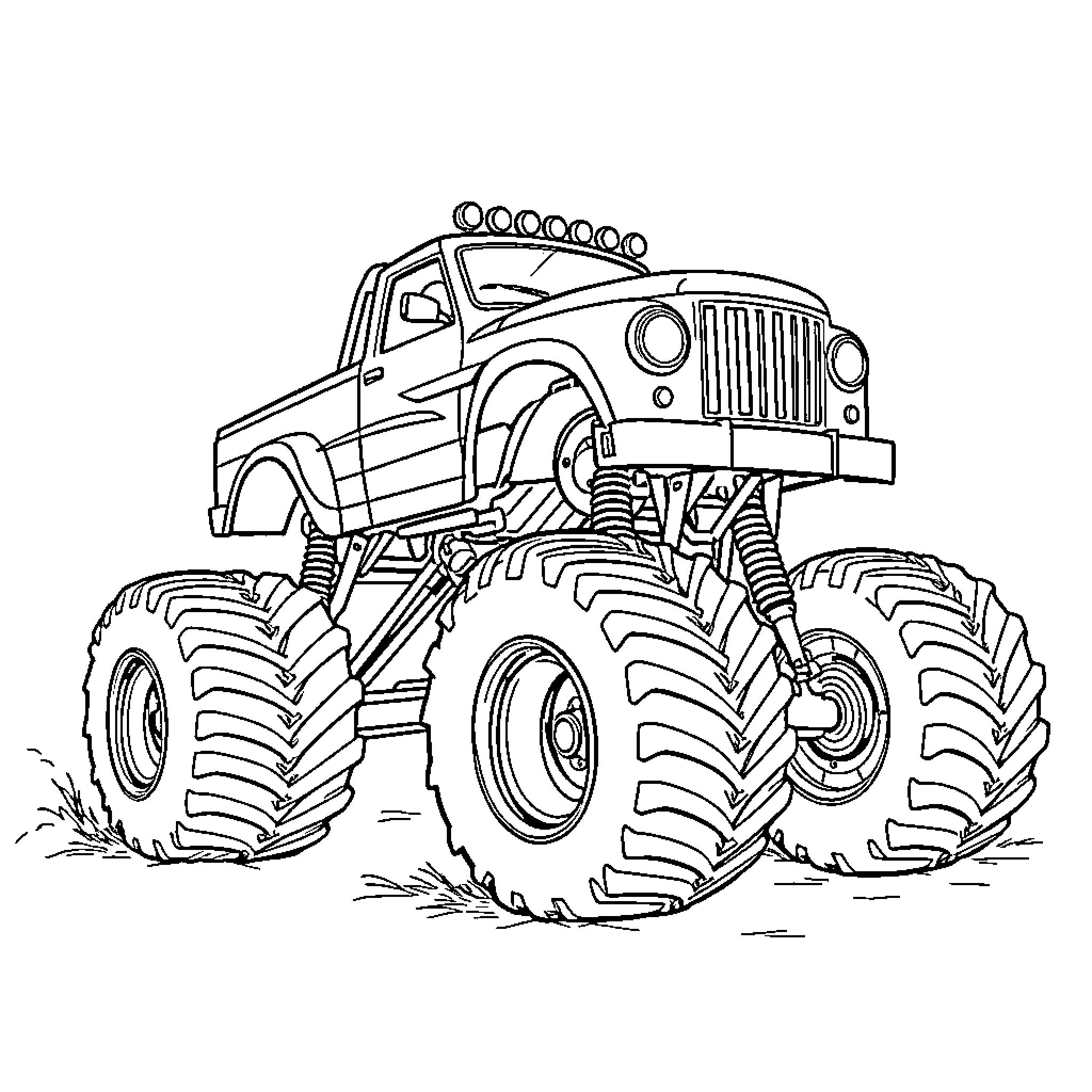 Monster Truck Crushing Terrain with Power Coloring Page (free black-and-white line drawing printable PDF for all, from beginners to advanced learners, including children, teens, adults, and seniors)