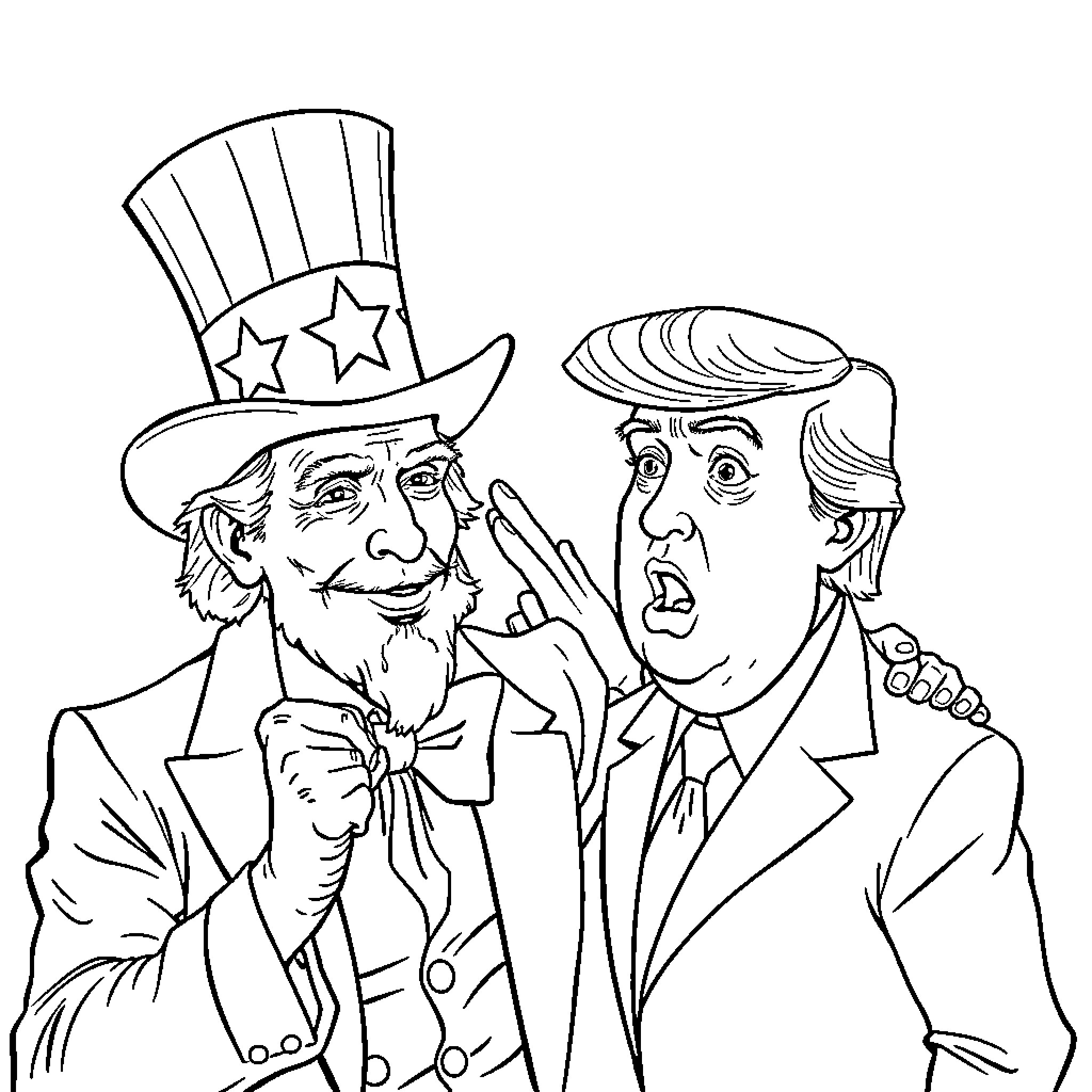 Uncle Sam and President Trump in Heated Discussion Coloring Page (free black-and-white line drawing printable PDF for all, from beginners to advanced learners, including children, teens, adults, and seniors)
