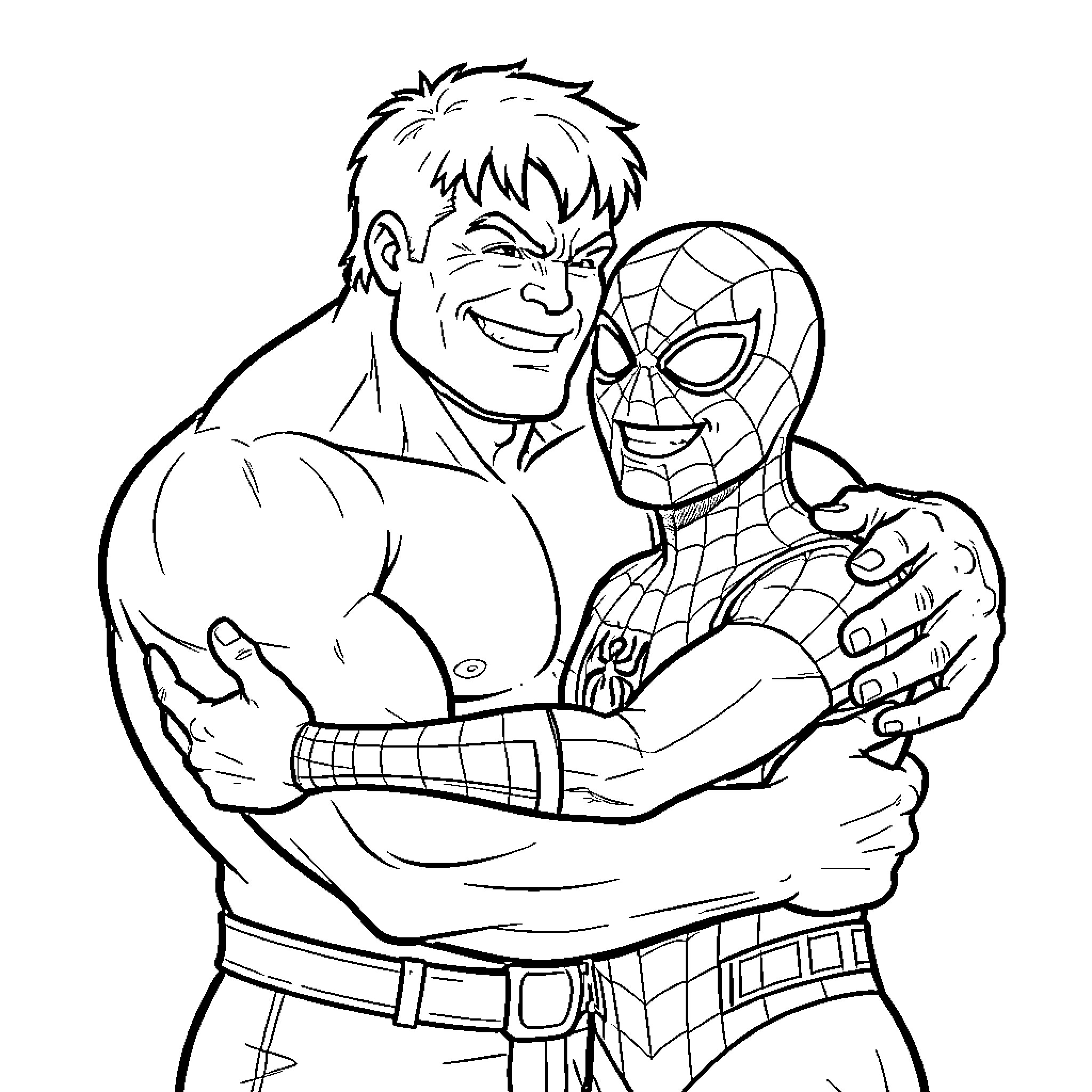 Hulk and Spider-Man embracing in camaraderie Coloring Page (free black-and-white line drawing printable PDF for all, from beginners to advanced learners, including children, teens, adults, and seniors)
