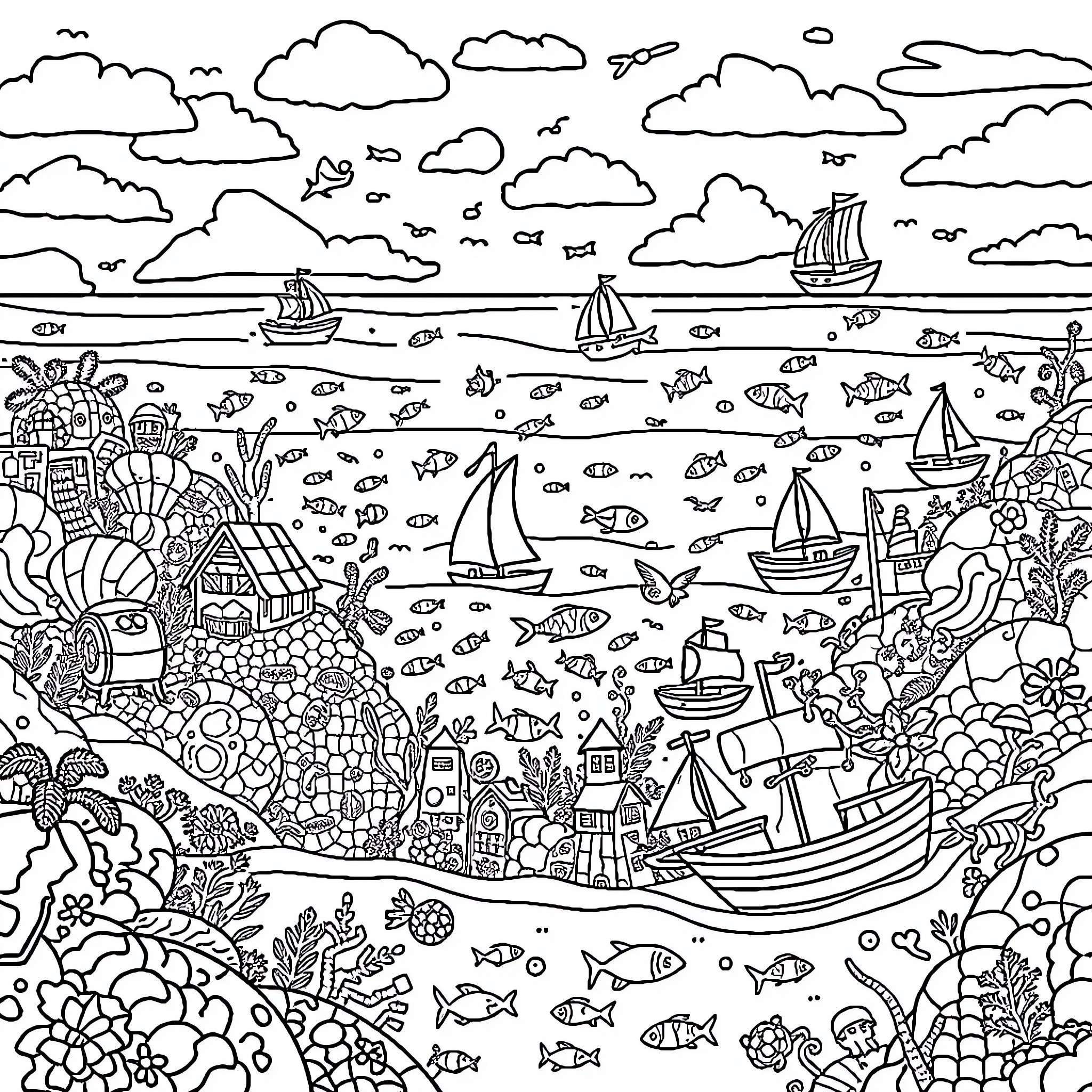 Ocean Seascape with Sailing Vessels and Marine Life Coloring Page (free black-and-white line drawing printable PDF for all, from beginners to advanced learners, including children, teens, adults, and seniors)