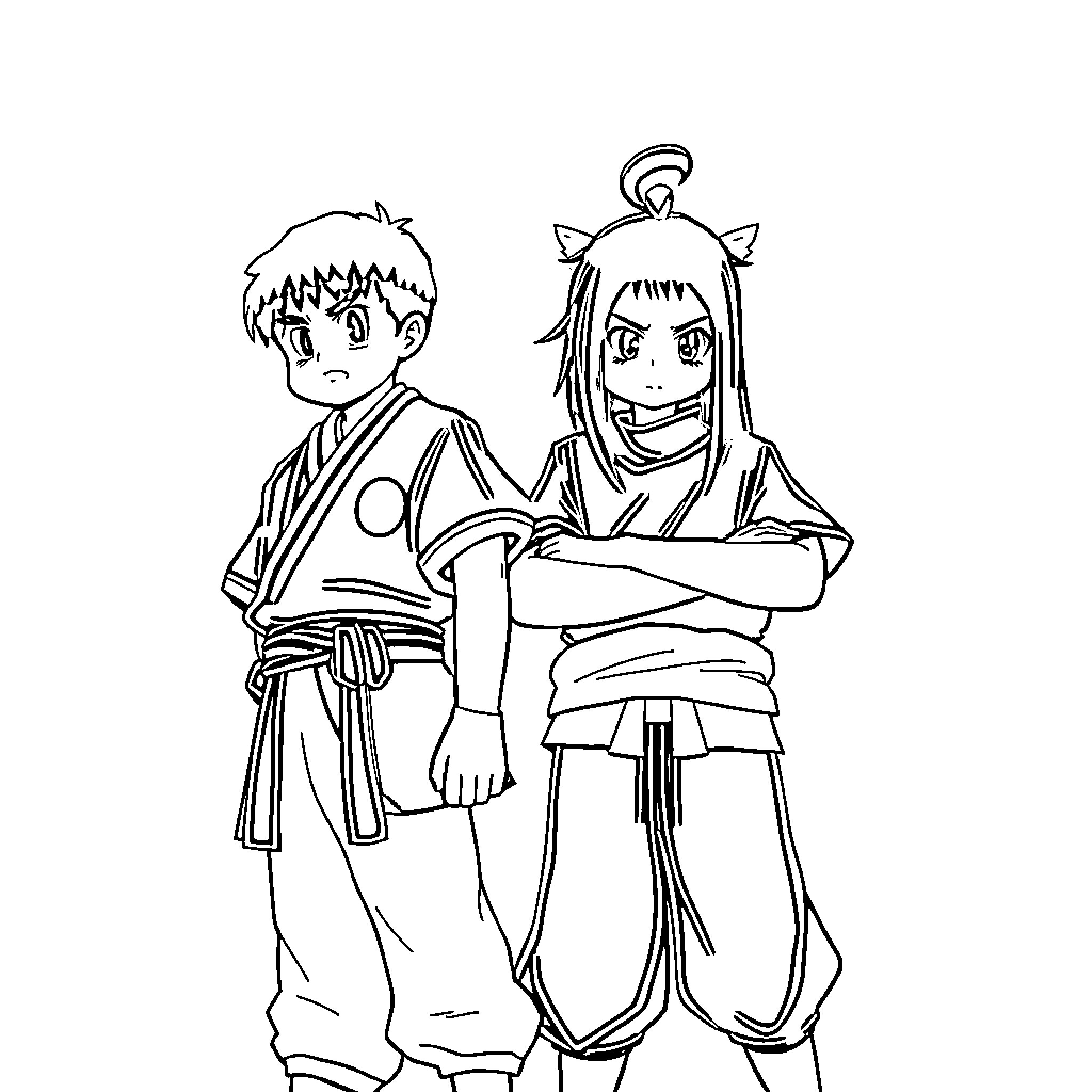 Tanjiro and Nezuko in Anime Attire Coloring Page (free black-and-white line drawing printable PDF for all, from beginners to advanced learners, including children, teens, adults, and seniors)