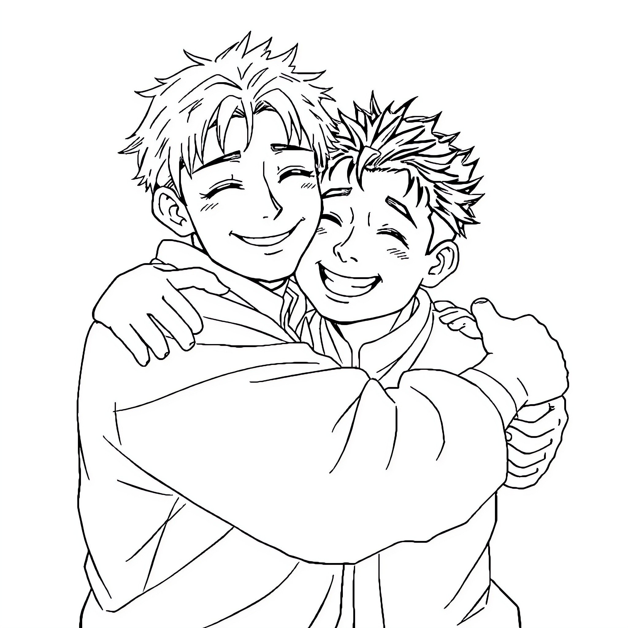 Satoru Gojo and a Friend Embracing Happily Coloring Page (free black-and-white line drawing printable PDF for all, from beginners to advanced learners, including children, teens, adults, and seniors)