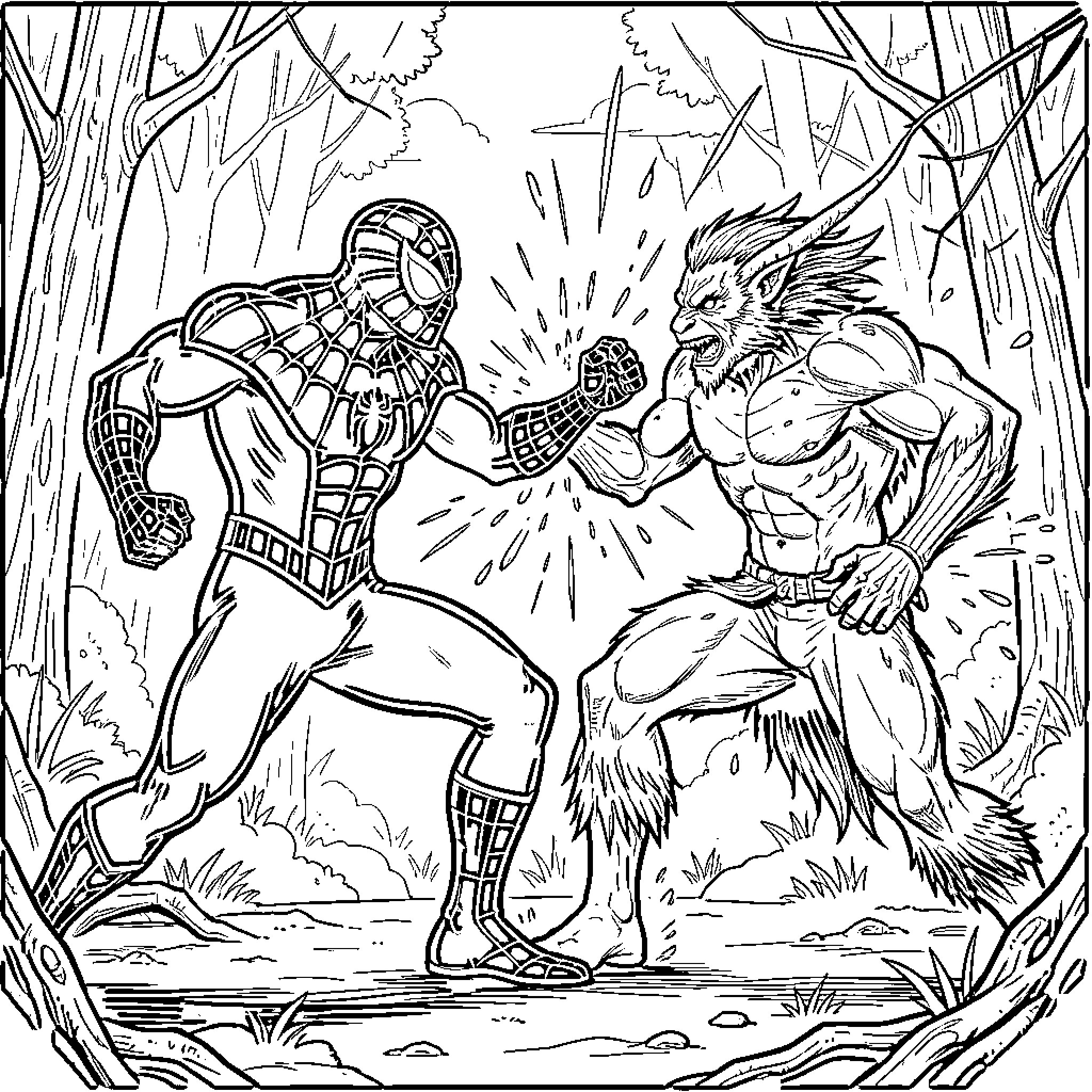 Spiderman battling a large creature in the woods Coloring Page (free black-and-white line drawing printable PDF for all, from beginners to advanced learners, including children, teens, adults, and seniors)