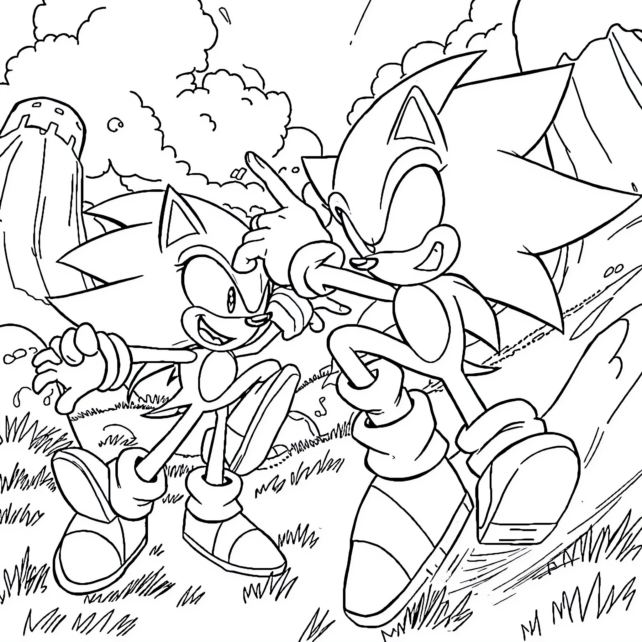 Sonic on an adventure in the wilderness Coloring Page (free black-and-white line drawing printable PDF for all, from beginners to advanced learners, including children, teens, adults, and seniors)