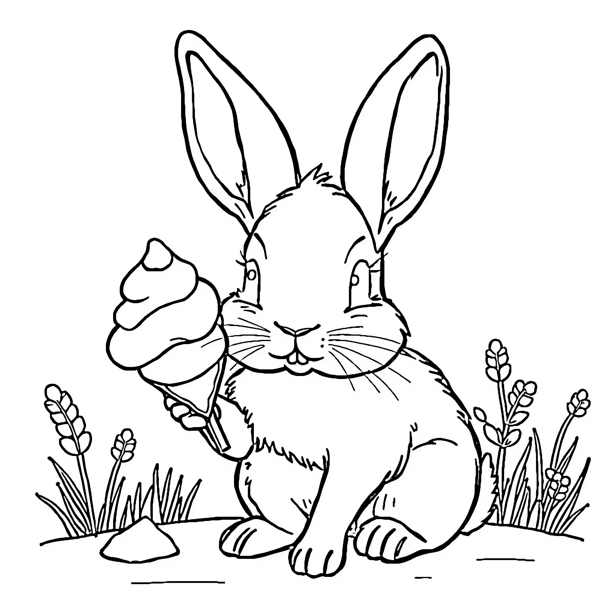 Rabbit enjoying an ice cream cone in a grassy field Coloring Page (free black-and-white line drawing printable PDF for all, from beginners to advanced learners, including children, teens, adults, and seniors)
