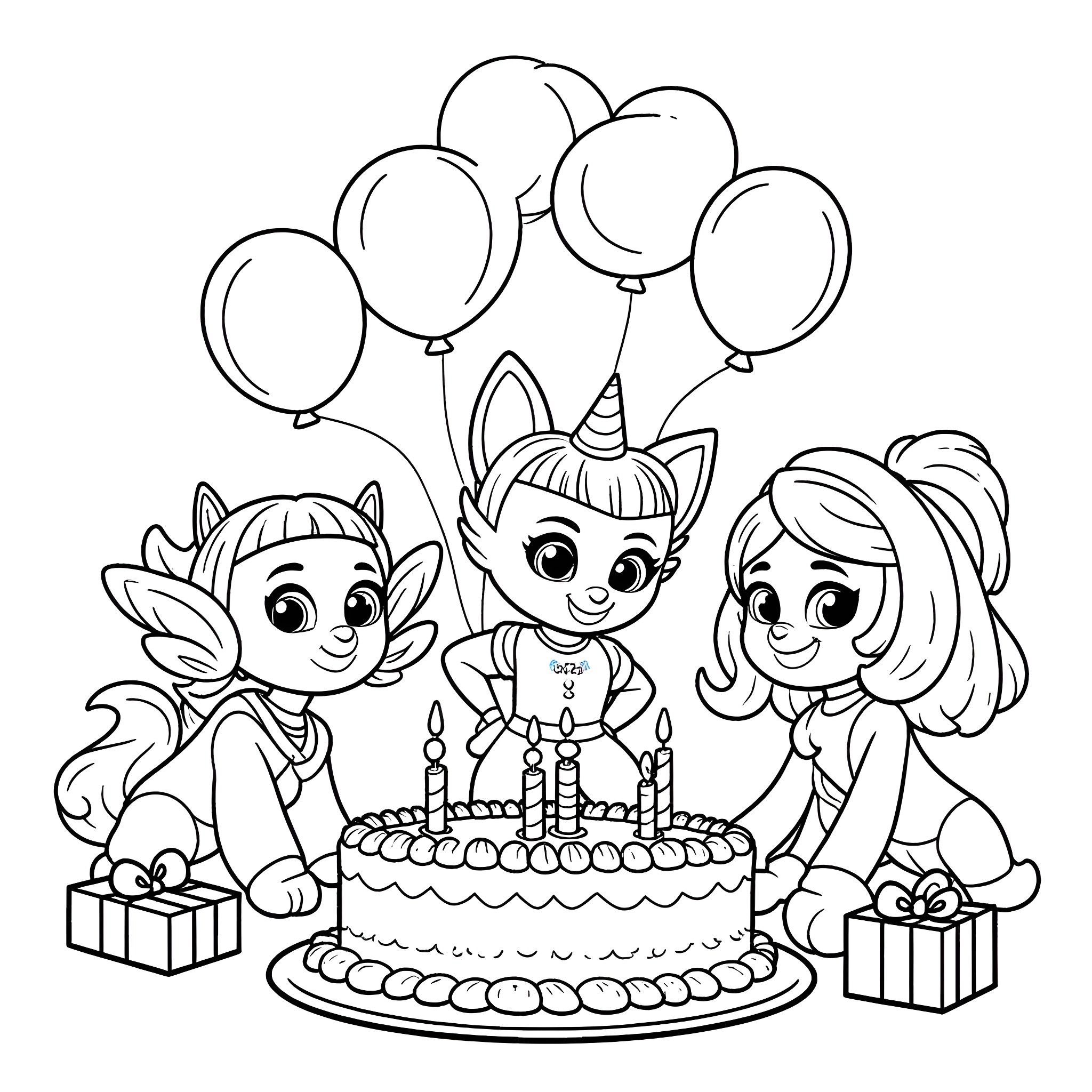 Blaze of Celebration with Magical Companions Coloring Page (free black-and-white line drawing printable PDF for all, from beginners to advanced learners, including children, teens, adults, and seniors)
