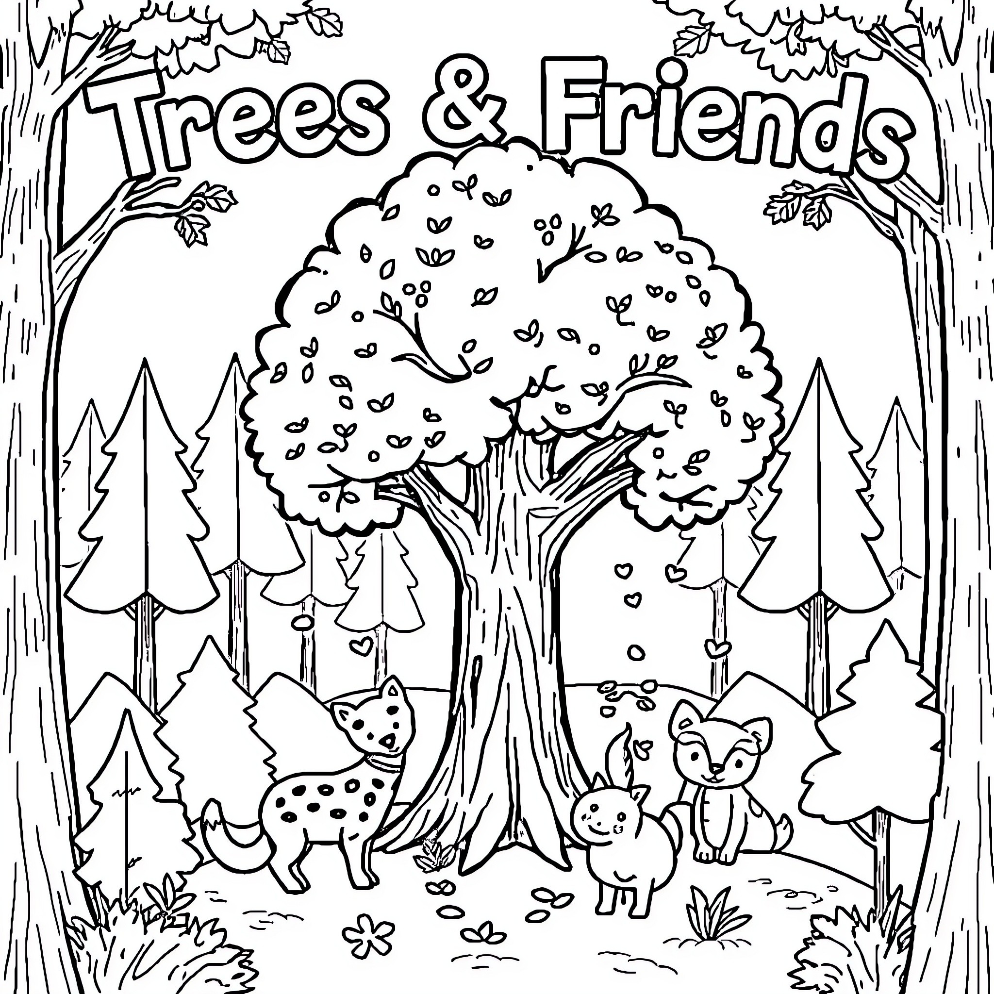Tree Friends in the Forest Coloring Page (free black-and-white line drawing printable PDF for all, from beginners to advanced learners, including children, teens, adults, and seniors)