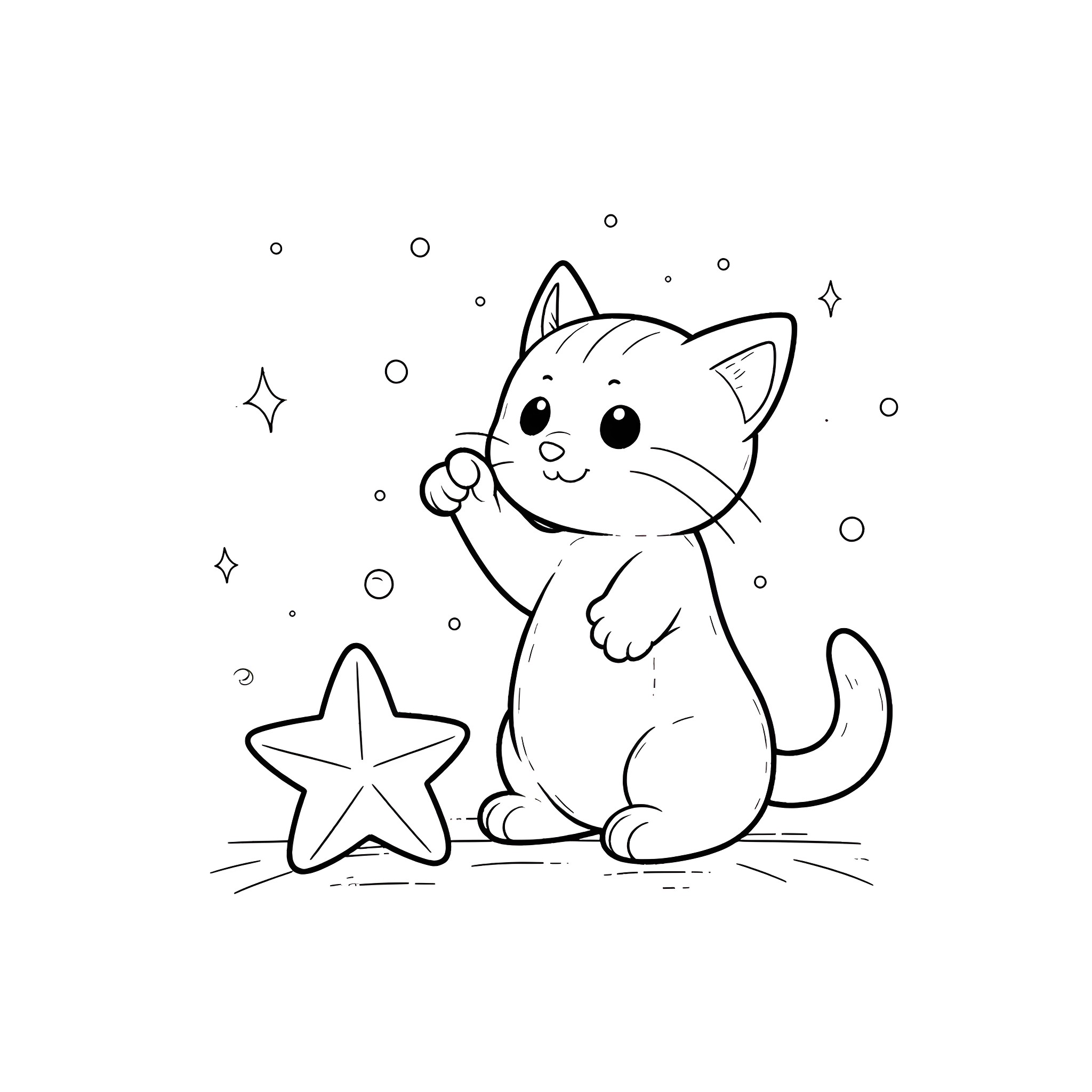 Kitty playing with star in the night Coloring Page (free black-and-white line drawing printable PDF for all, from beginners to advanced learners, including children, teens, adults, and seniors)