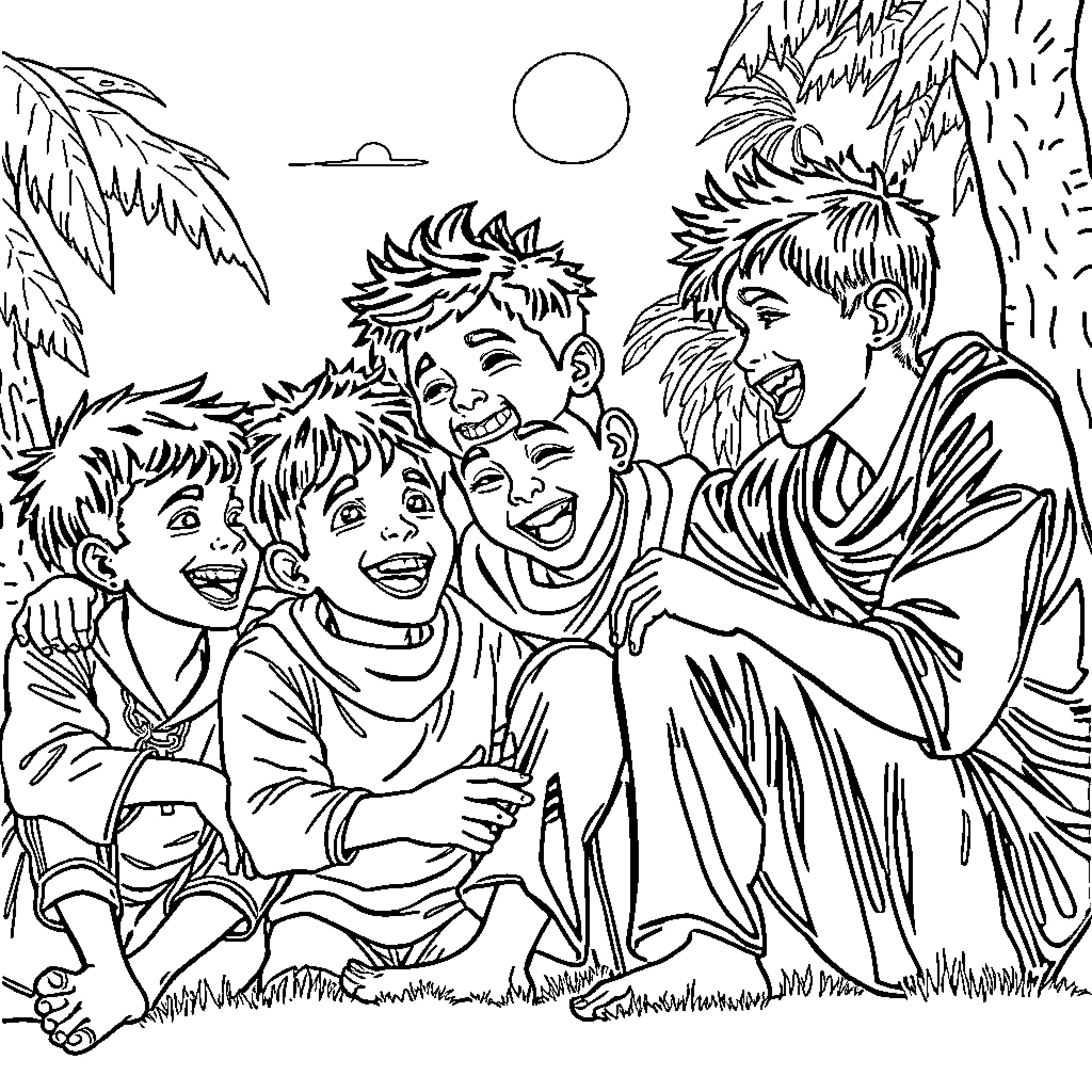Saja Boy and Friends Enjoying Outdoor Adventure Coloring Page (free black-and-white line drawing printable PDF for all, from beginners to advanced learners, including children, teens, adults, and seniors)