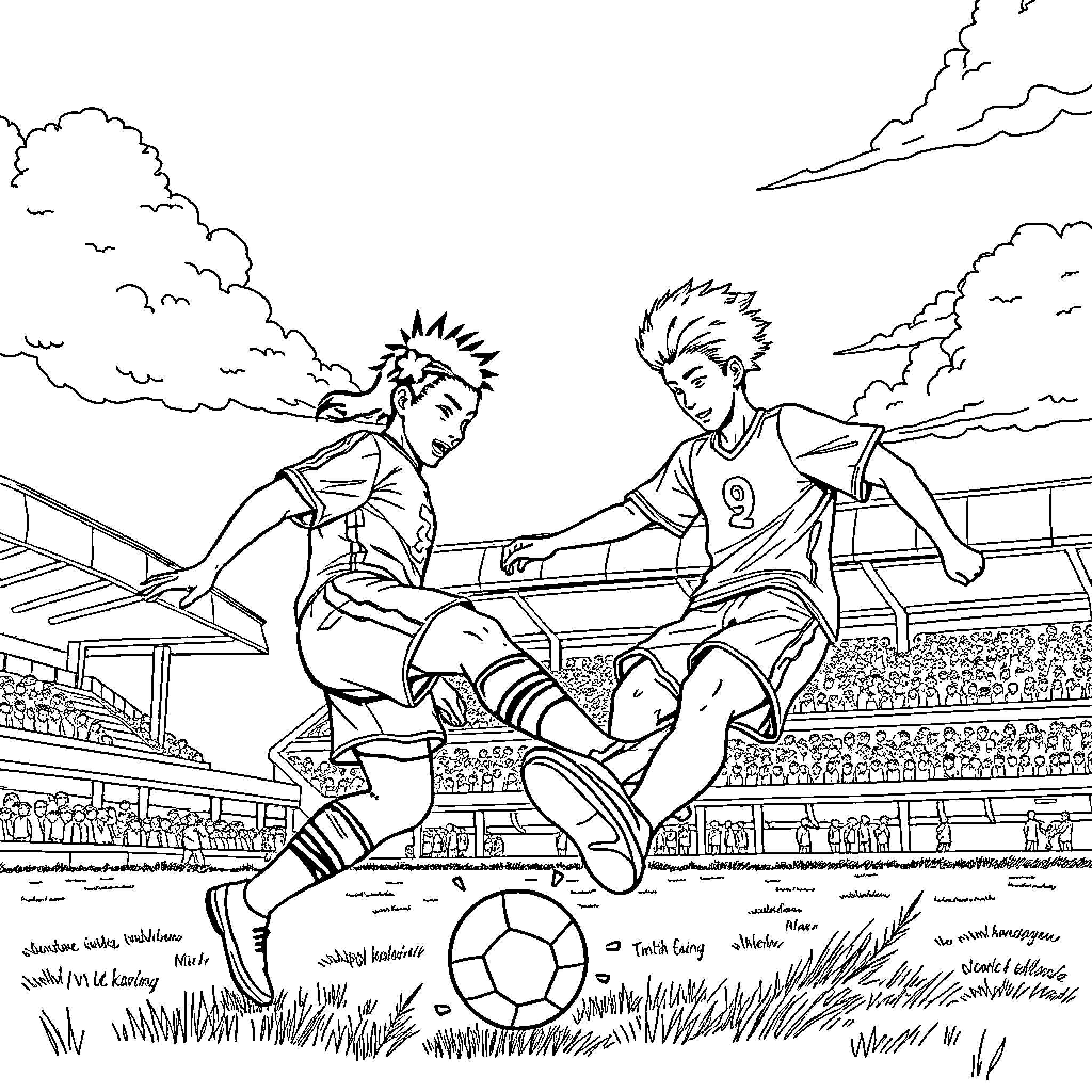 Tanjiro and a friend playing soccer on the field Coloring Page (free black-and-white line drawing printable PDF for all, from beginners to advanced learners, including children, teens, adults, and seniors)