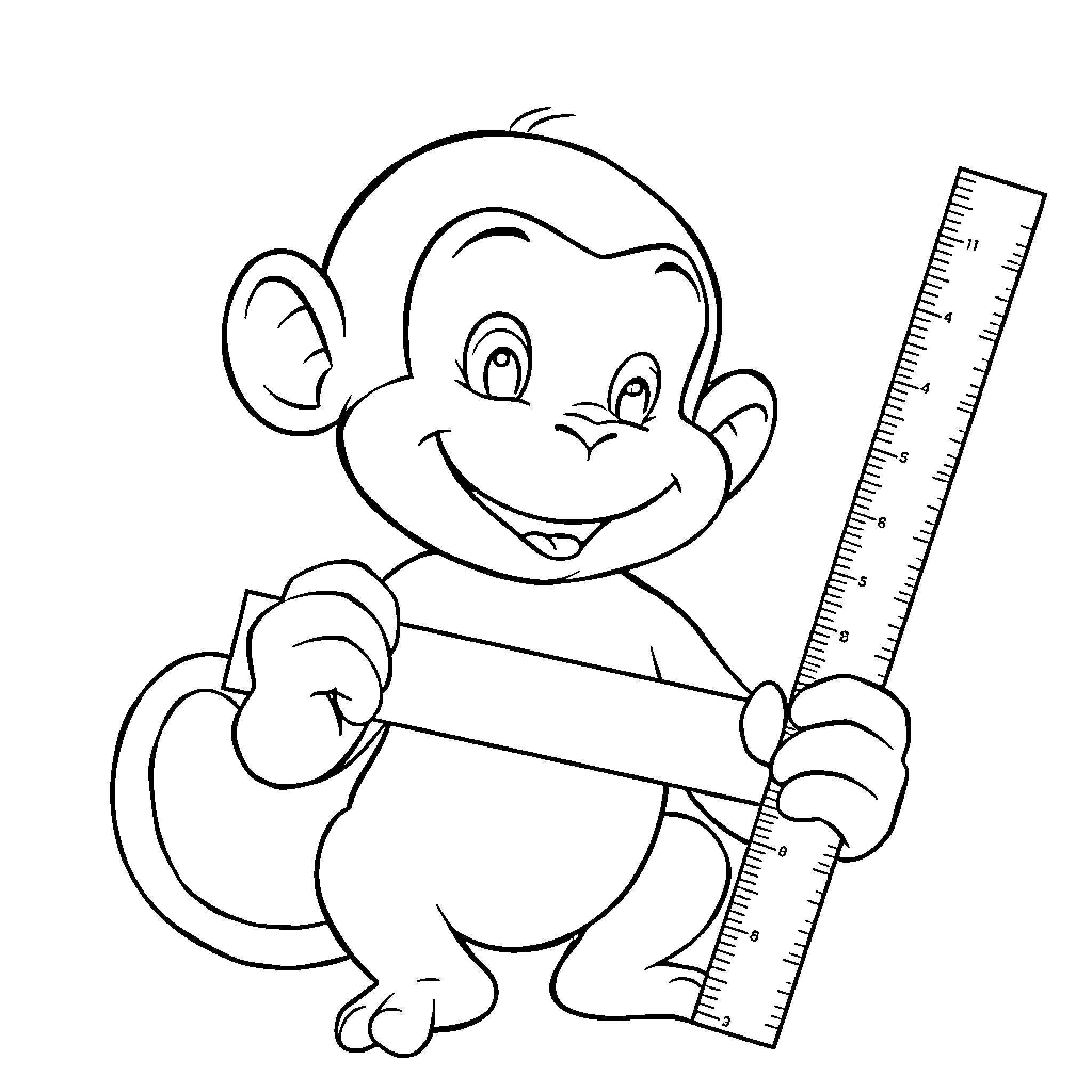 George the Curious Monkey Explores with a Ruler Coloring Page (free black-and-white line drawing printable PDF for all, from beginners to advanced learners, including children, teens, adults, and seniors)