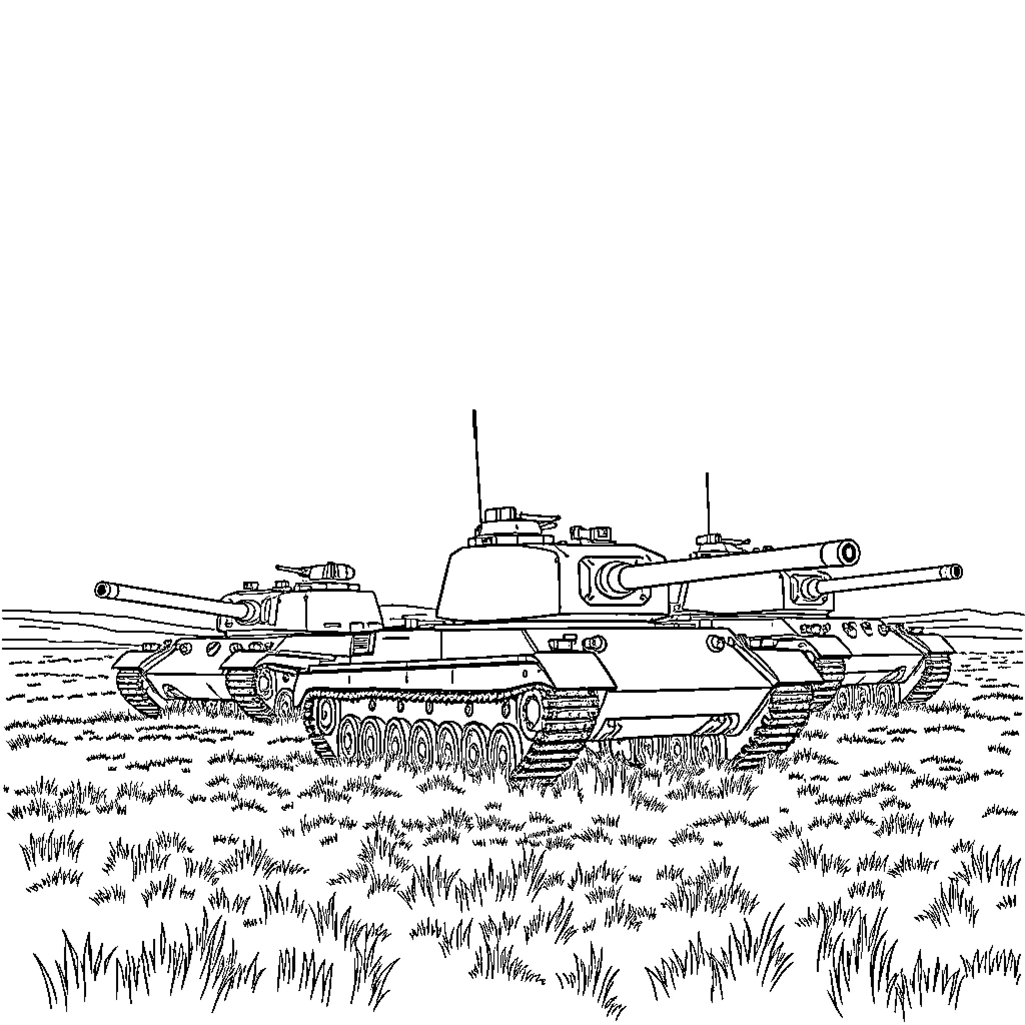Tank on the battlefield with artillery Coloring Page (free black-and-white line drawing printable PDF for all, from beginners to advanced learners, including children, teens, adults, and seniors)