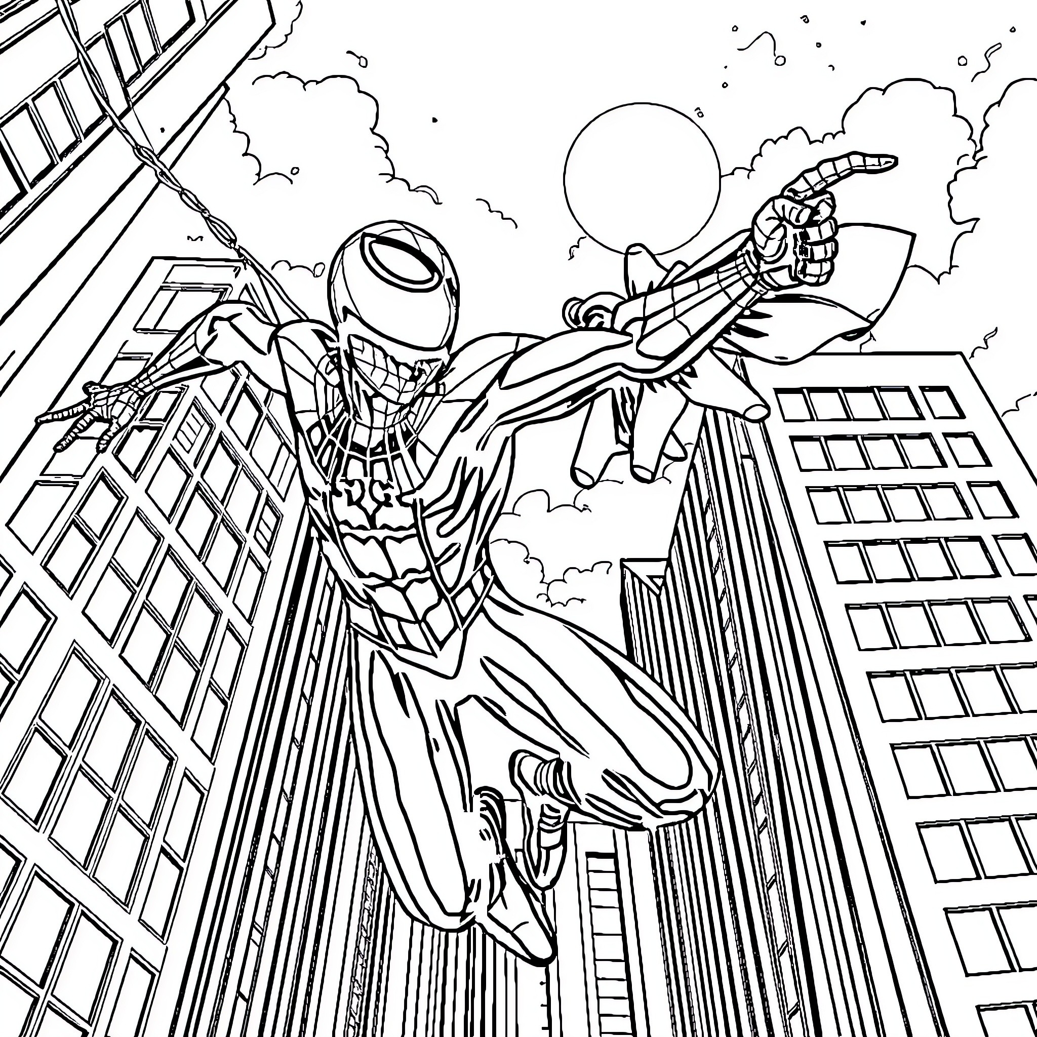 Spiderman swinging through the city skyline Coloring Page (free black-and-white line drawing printable PDF for all, from beginners to advanced learners, including children, teens, adults, and seniors)