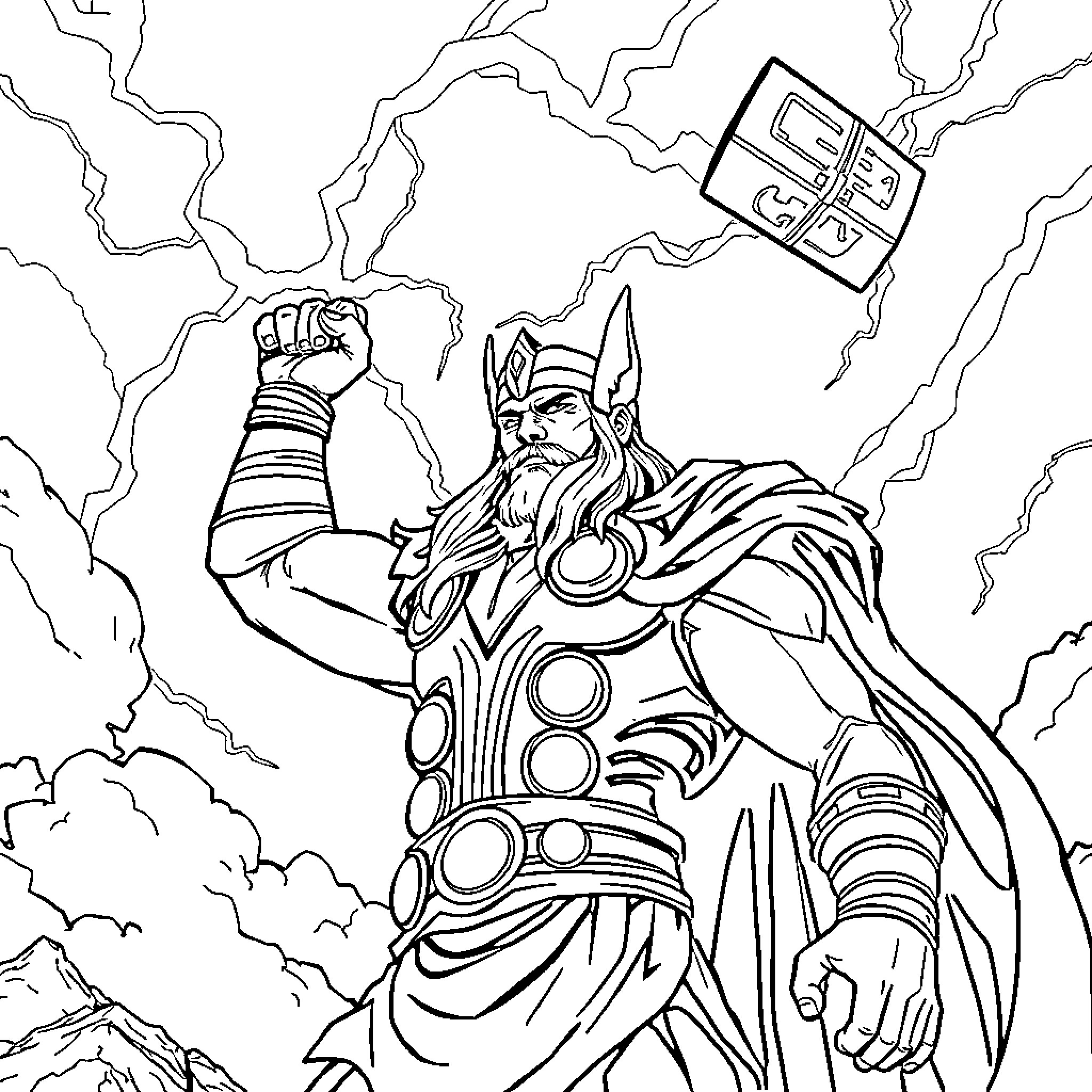Thor summoning lightning in an epic pose Coloring Page (free black-and-white line drawing printable PDF for all, from beginners to advanced learners, including children, teens, adults, and seniors)