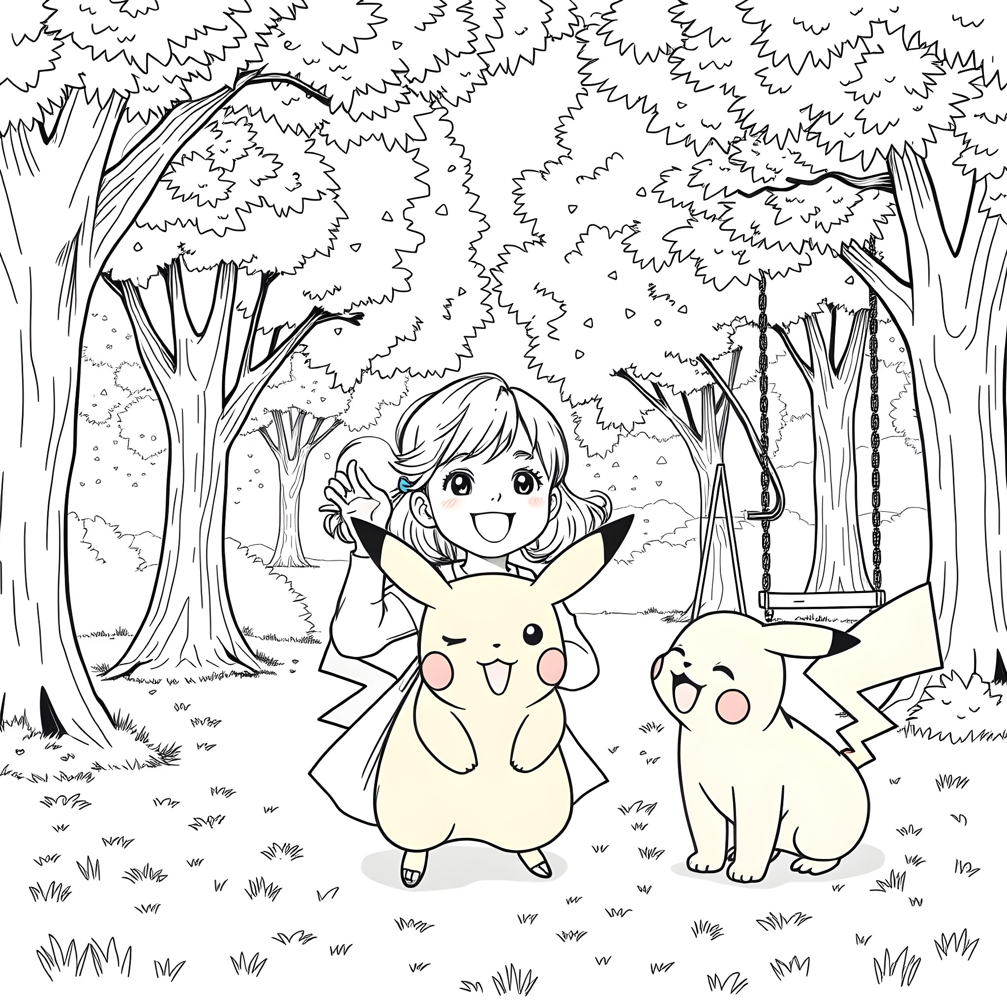 Pikachu and Trainer Playing in the Forest Coloring Page (free black-and-white line drawing printable PDF for all, from beginners to advanced learners, including children, teens, adults, and seniors)