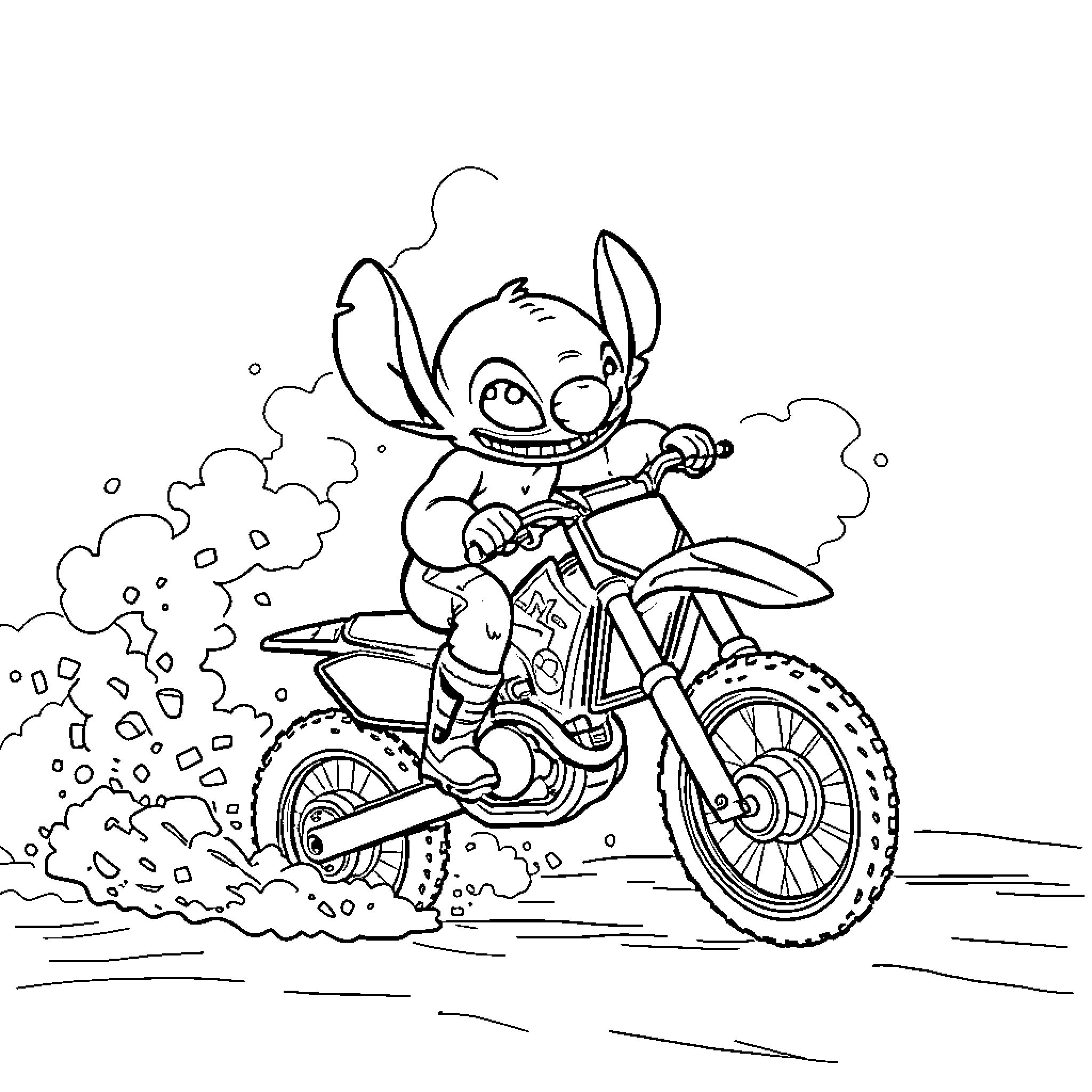 Stitch riding a dirt bike in the mud Coloring Page (free black-and-white line drawing printable PDF for all, from beginners to advanced learners, including children, teens, adults, and seniors)