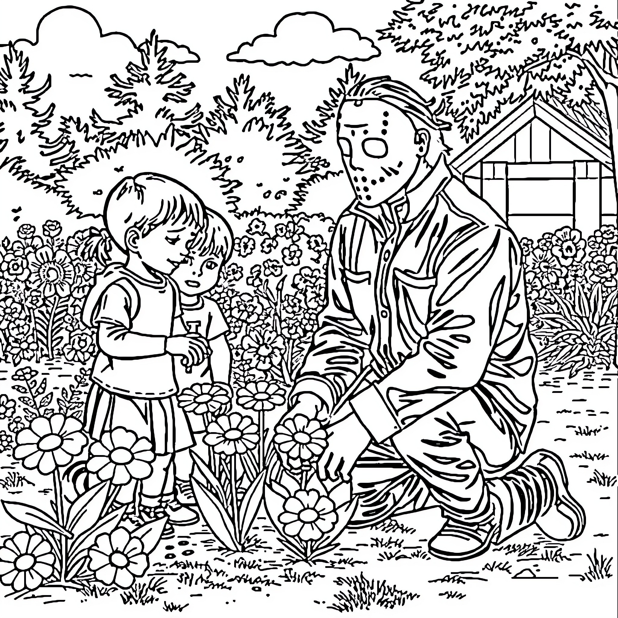 Michael Myers in a peaceful garden with children Coloring Page (free black-and-white line drawing printable PDF for all, from beginners to advanced learners, including children, teens, adults, and seniors)