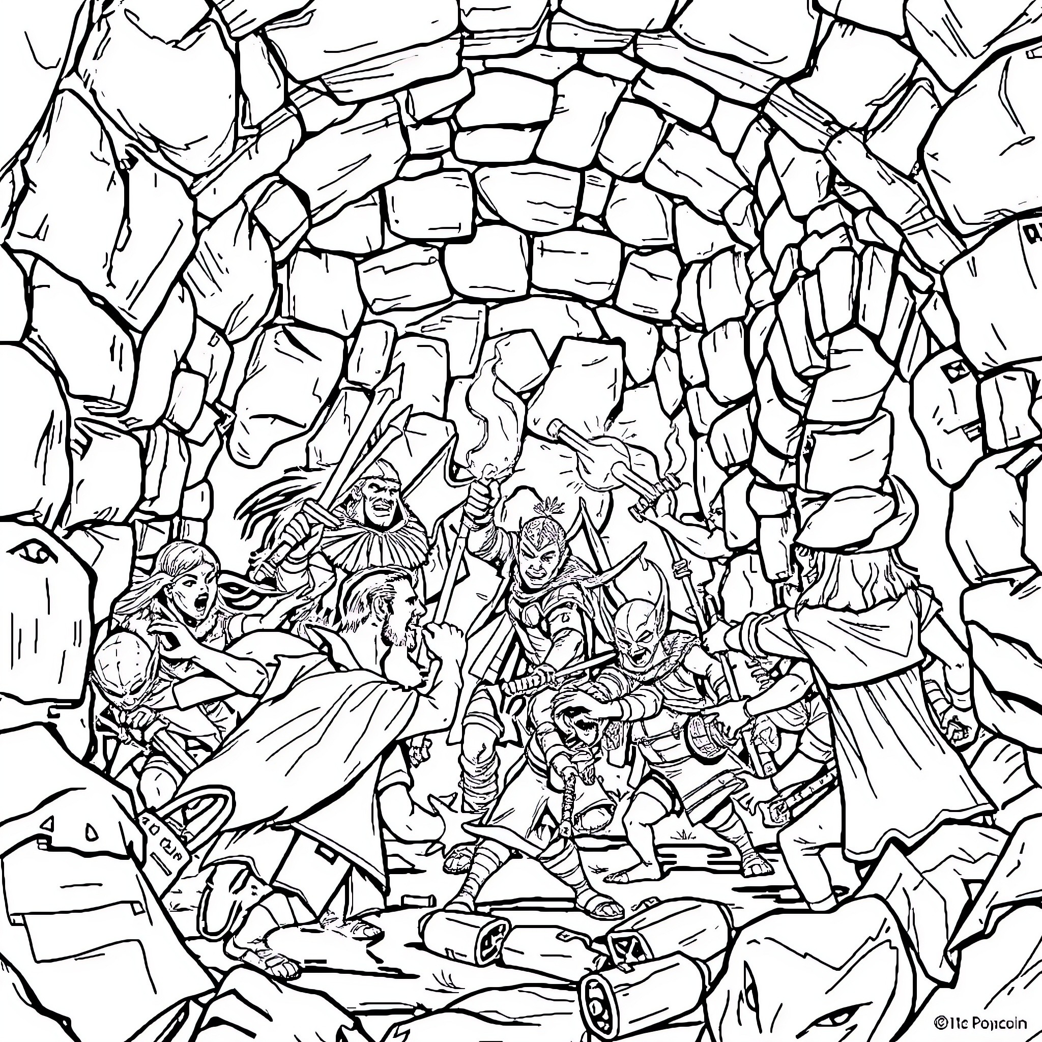 Dungeons and Dragons characters in an epic battle Coloring Page (free black-and-white line drawing printable PDF for all, from beginners to advanced learners, including children, teens, adults, and seniors)