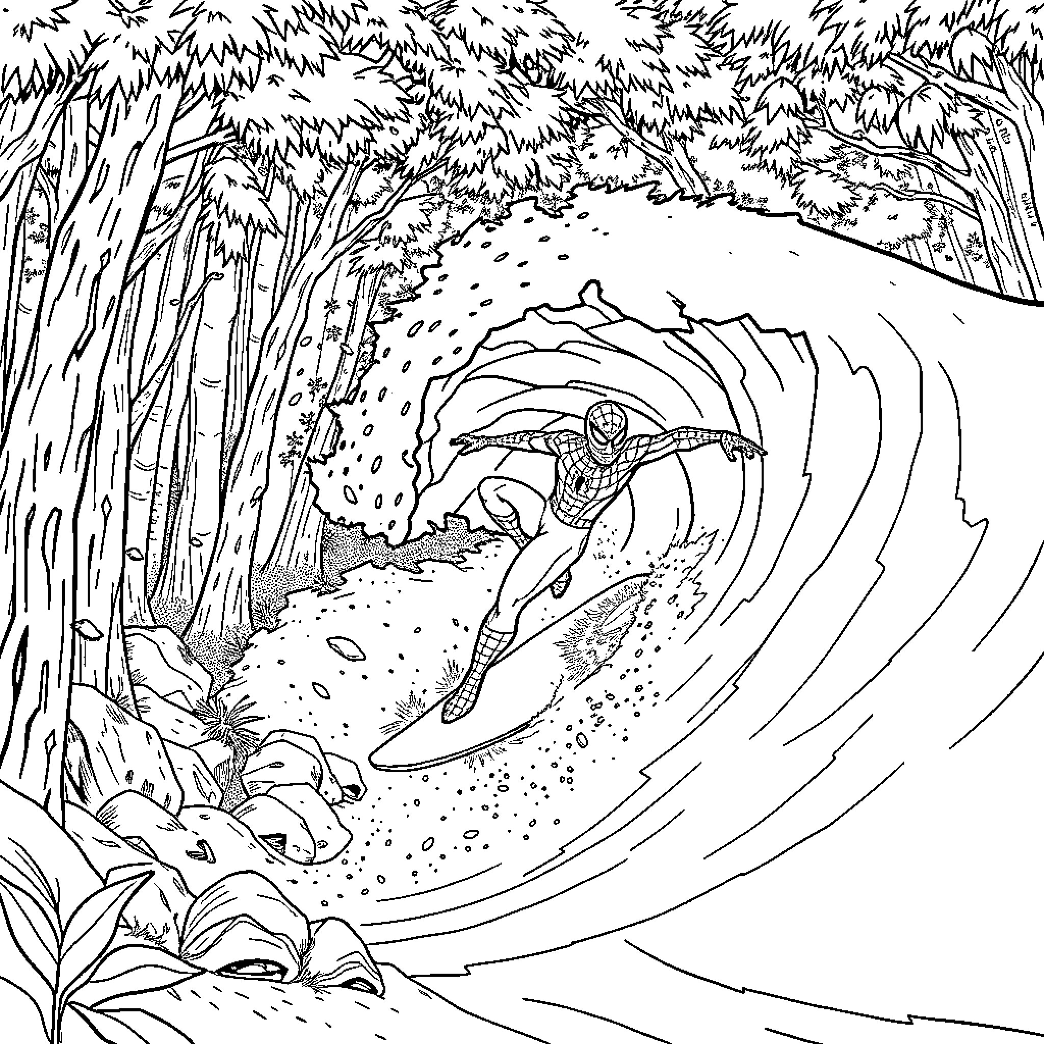 Spider-Man surfing the waves in the wilderness Coloring Page (free black-and-white line drawing printable PDF for all, from beginners to advanced learners, including children, teens, adults, and seniors)