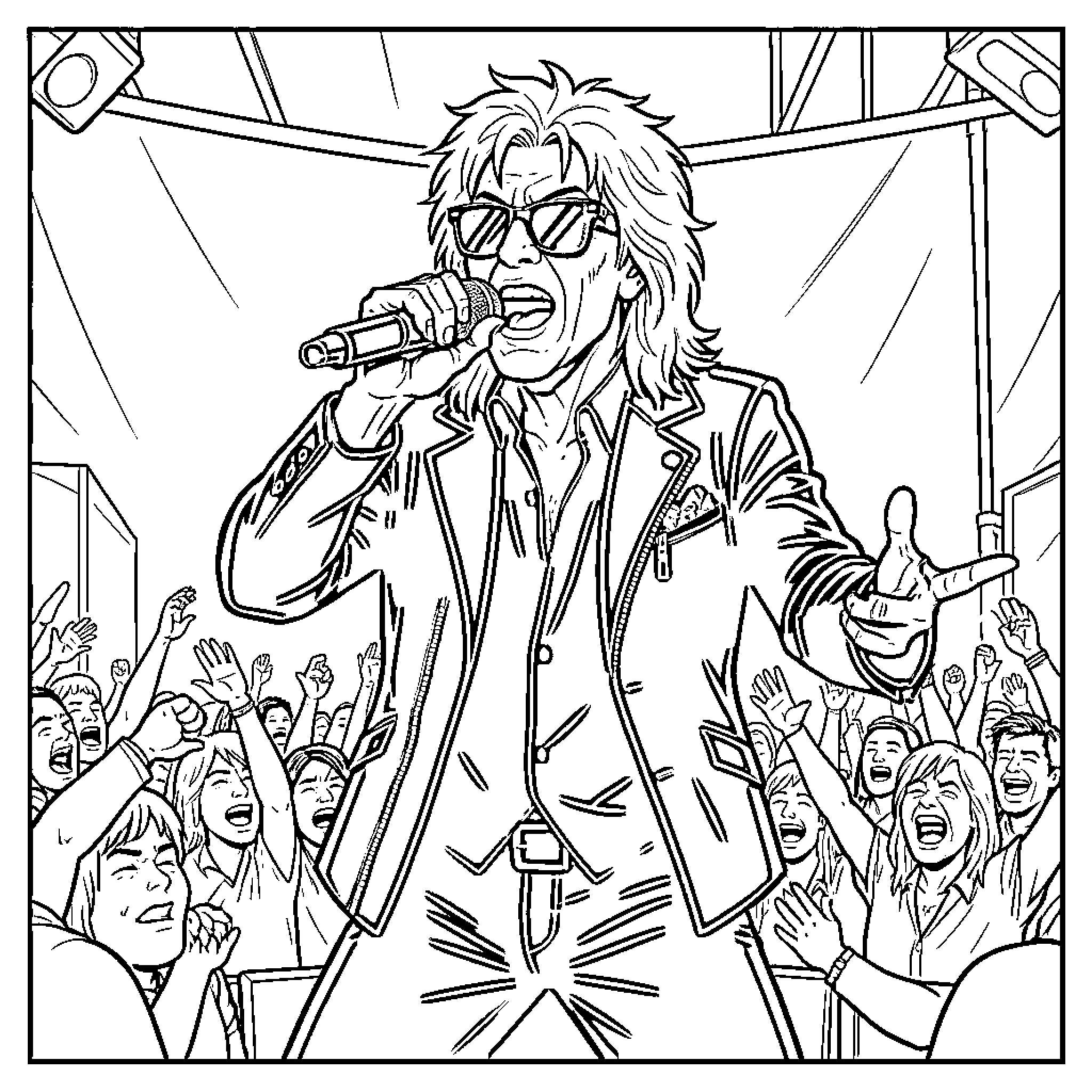 Ozzy Osbourne performing energetically on stage with a crowd Coloring Page (free black-and-white line drawing printable PDF for all, from beginners to advanced learners, including children, teens, adults, and seniors)