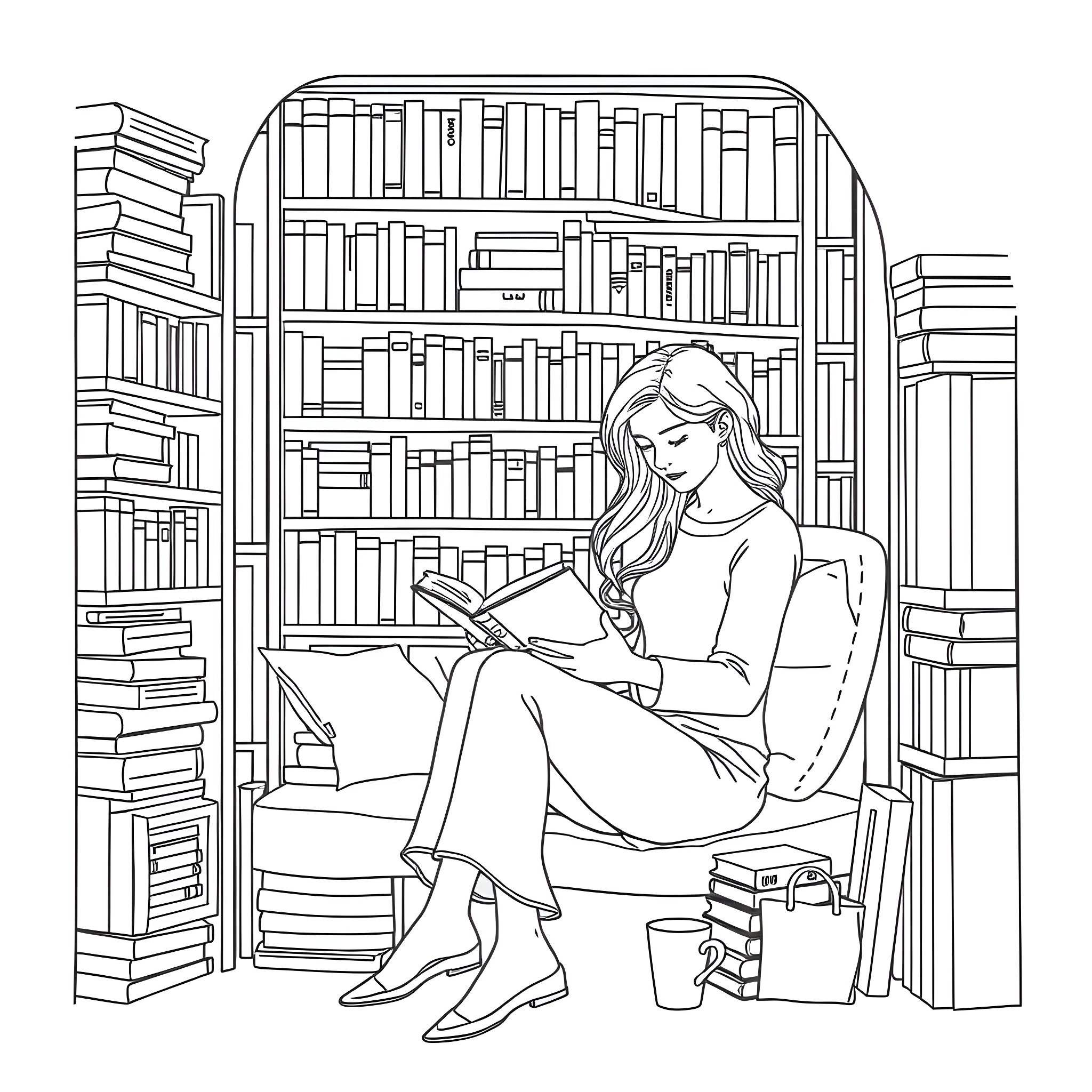 Woman reading a book in a cozy library Coloring Page (free black-and-white line drawing printable PDF for all, from beginners to advanced learners, including children, teens, adults, and seniors)