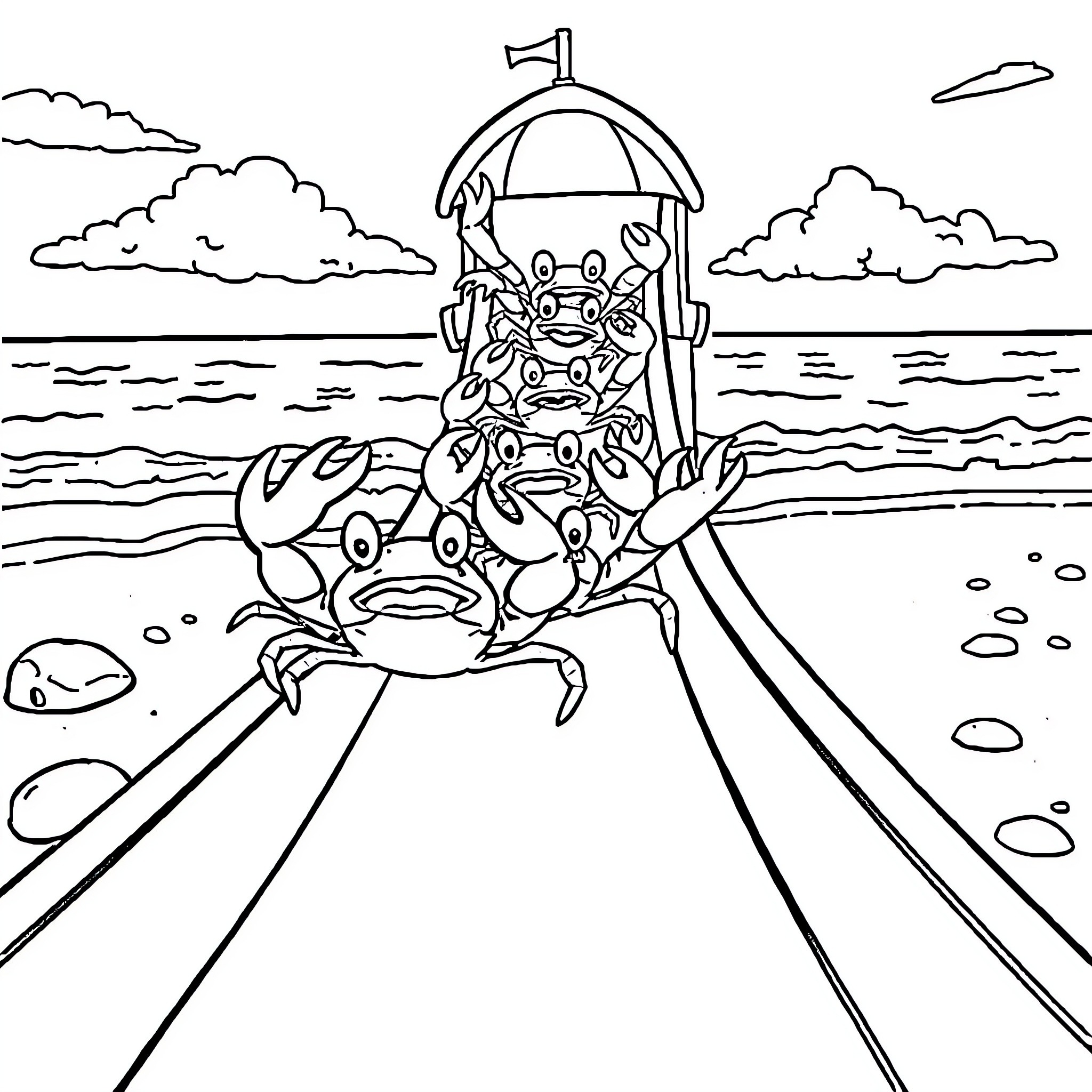 Crab with friends sailing on a ship Coloring Page (free black-and-white line drawing printable PDF for all, from beginners to advanced learners, including children, teens, adults, and seniors)