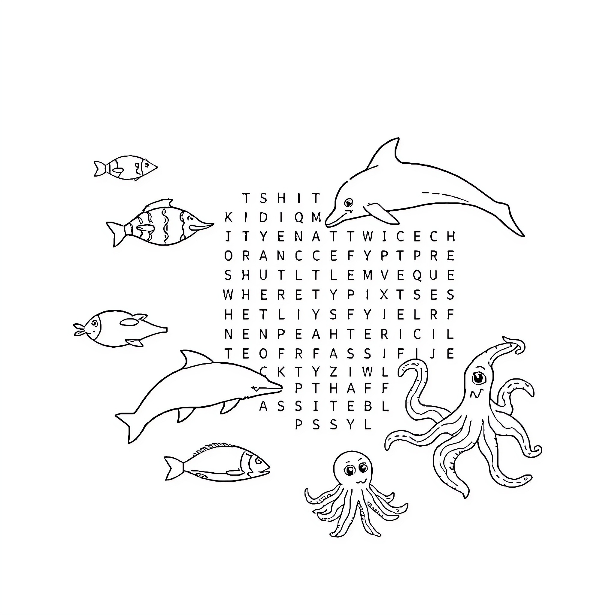 Sea Animals Word Search Puzzle Coloring Page (free black-and-white line drawing printable PDF for all, from beginners to advanced learners, including children, teens, adults, and seniors)