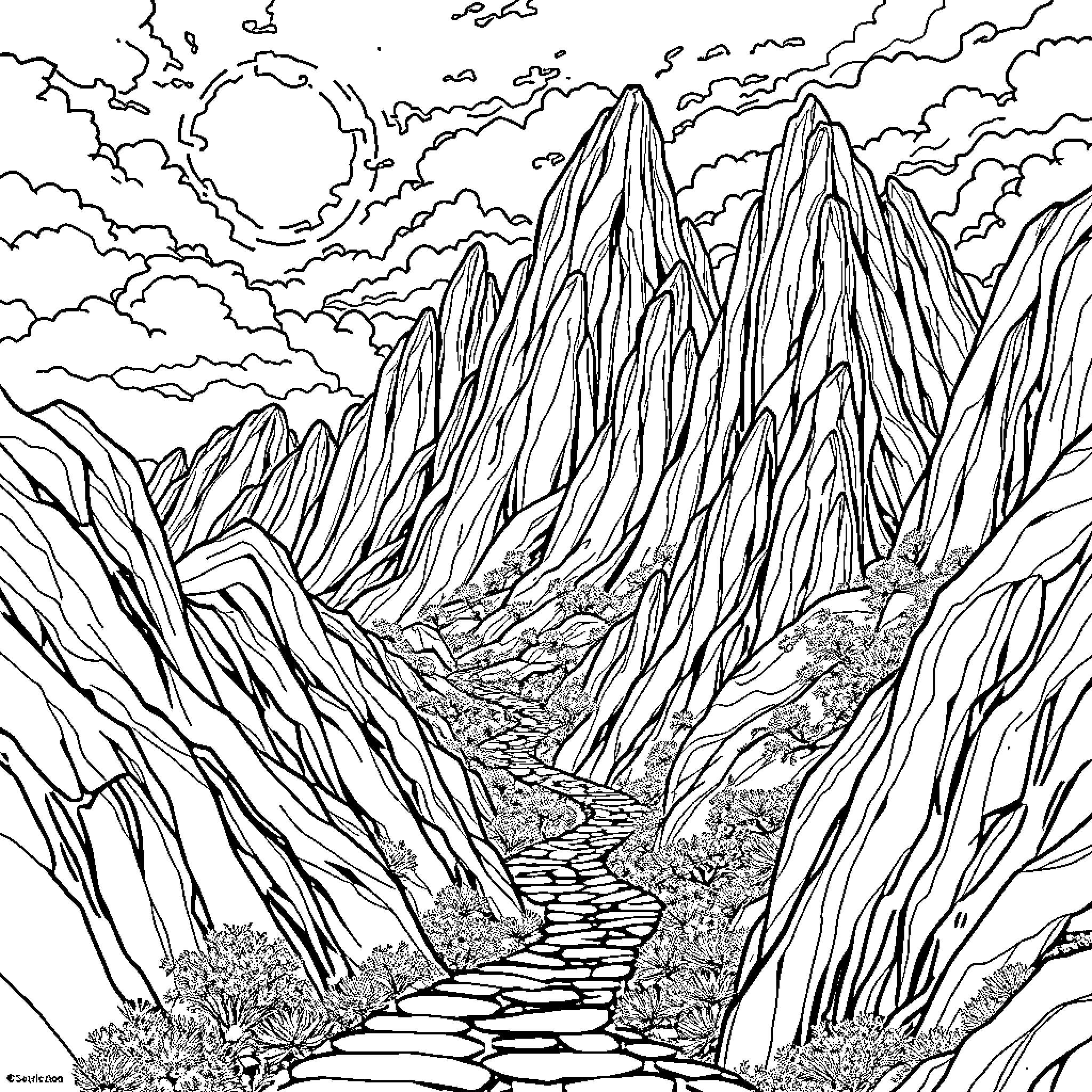 Labyrinth of Towering Peaks and Winding Pathways Coloring Page (free black-and-white line drawing printable PDF for all, from beginners to advanced learners, including children, teens, adults, and seniors)