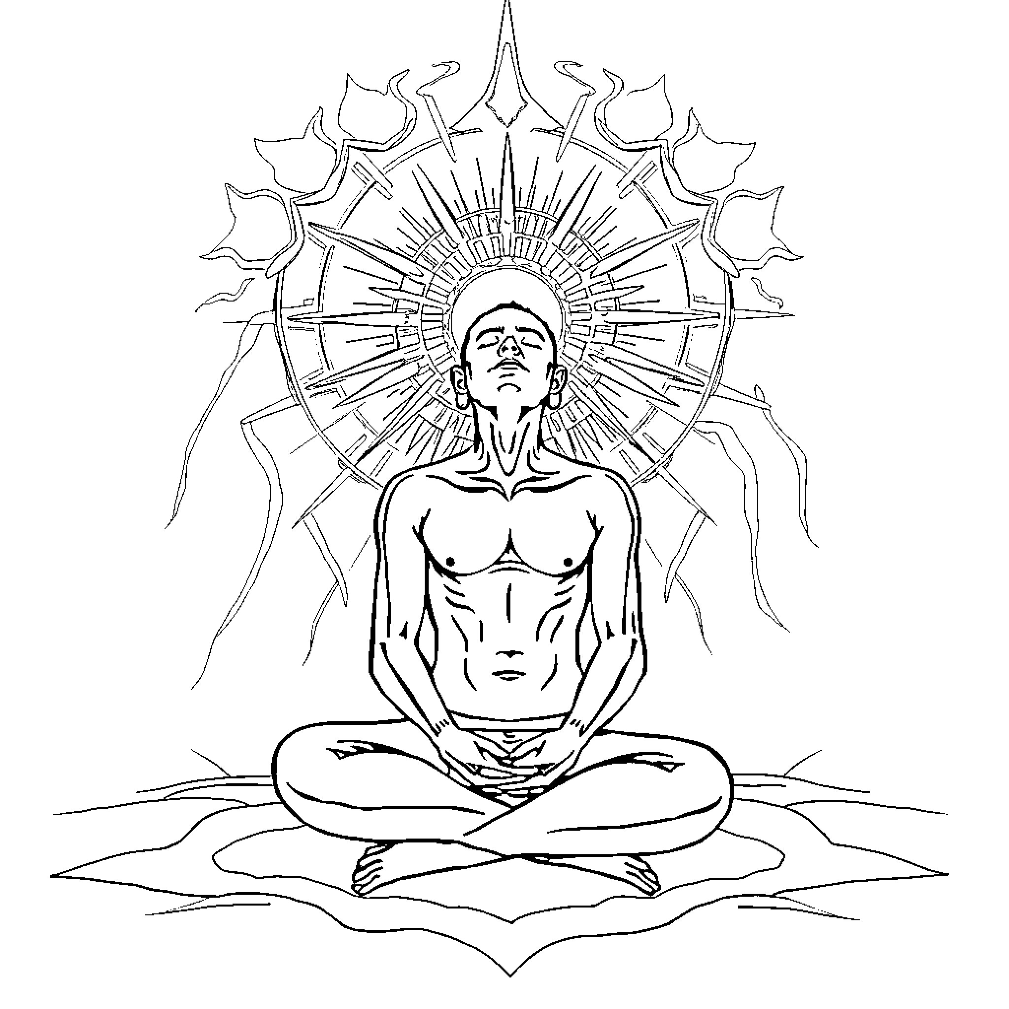 Human in meditation pose with spiritual symbols Coloring Page (free black-and-white line drawing printable PDF for all, from beginners to advanced learners, including children, teens, adults, and seniors)