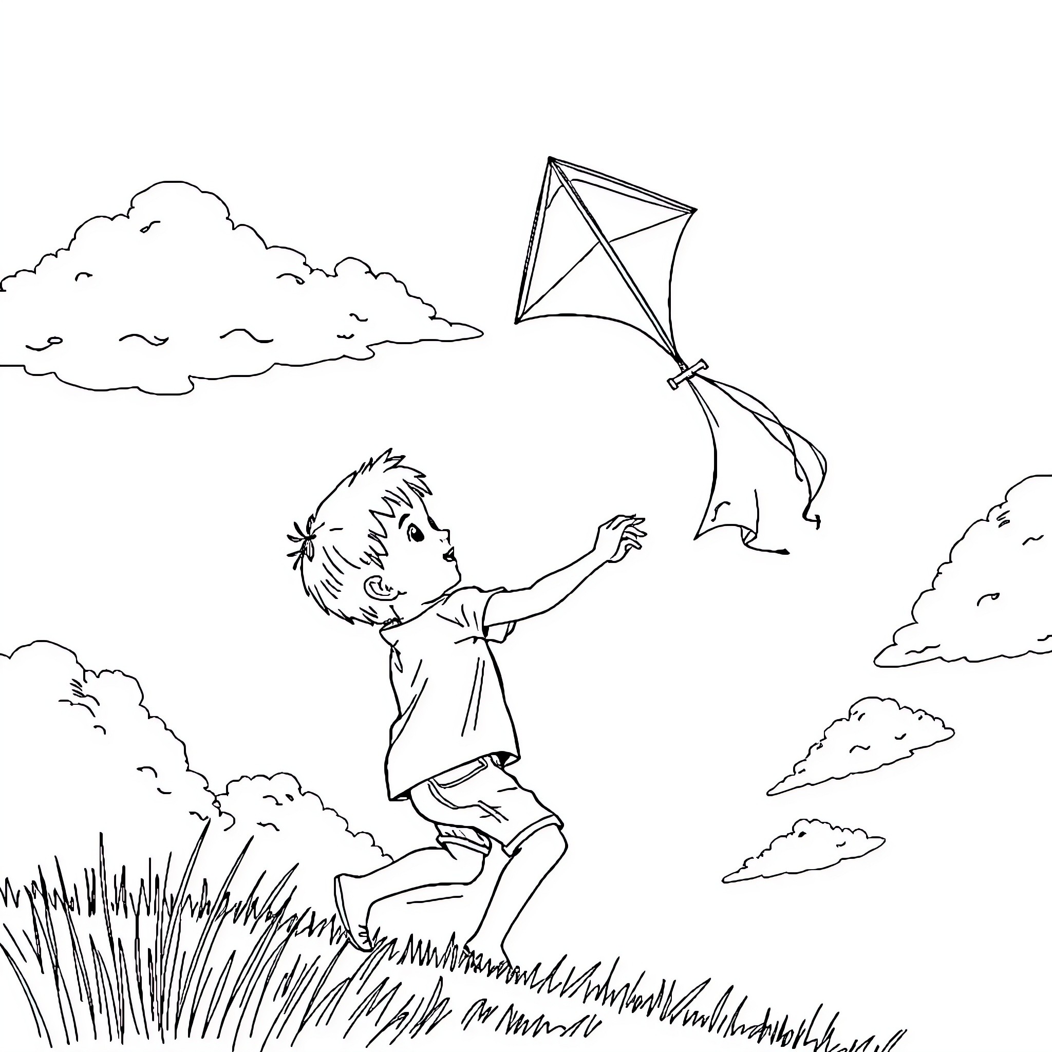 Boy flying a kite in the field Coloring Page (free black-and-white line drawing printable PDF for all, from beginners to advanced learners, including children, teens, adults, and seniors)
