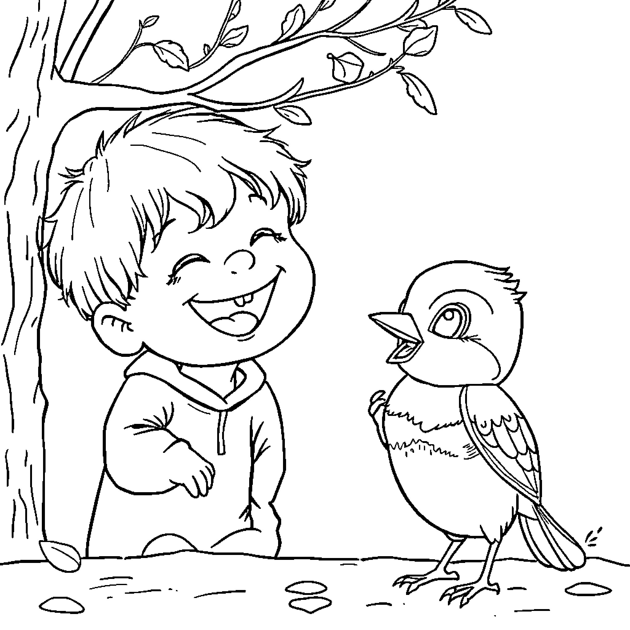 Child happily interacting with bird in nature Coloring Page (free black-and-white line drawing printable PDF for all, from beginners to advanced learners, including children, teens, adults, and seniors)