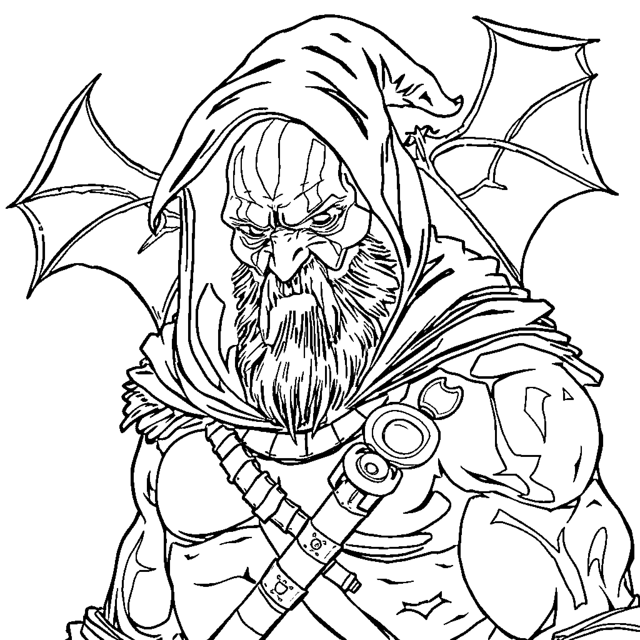 Kratos the Fearsome Warrior with Demonic Appearance Coloring Page (free black-and-white line drawing printable PDF for all, from beginners to advanced learners, including children, teens, adults, and seniors)