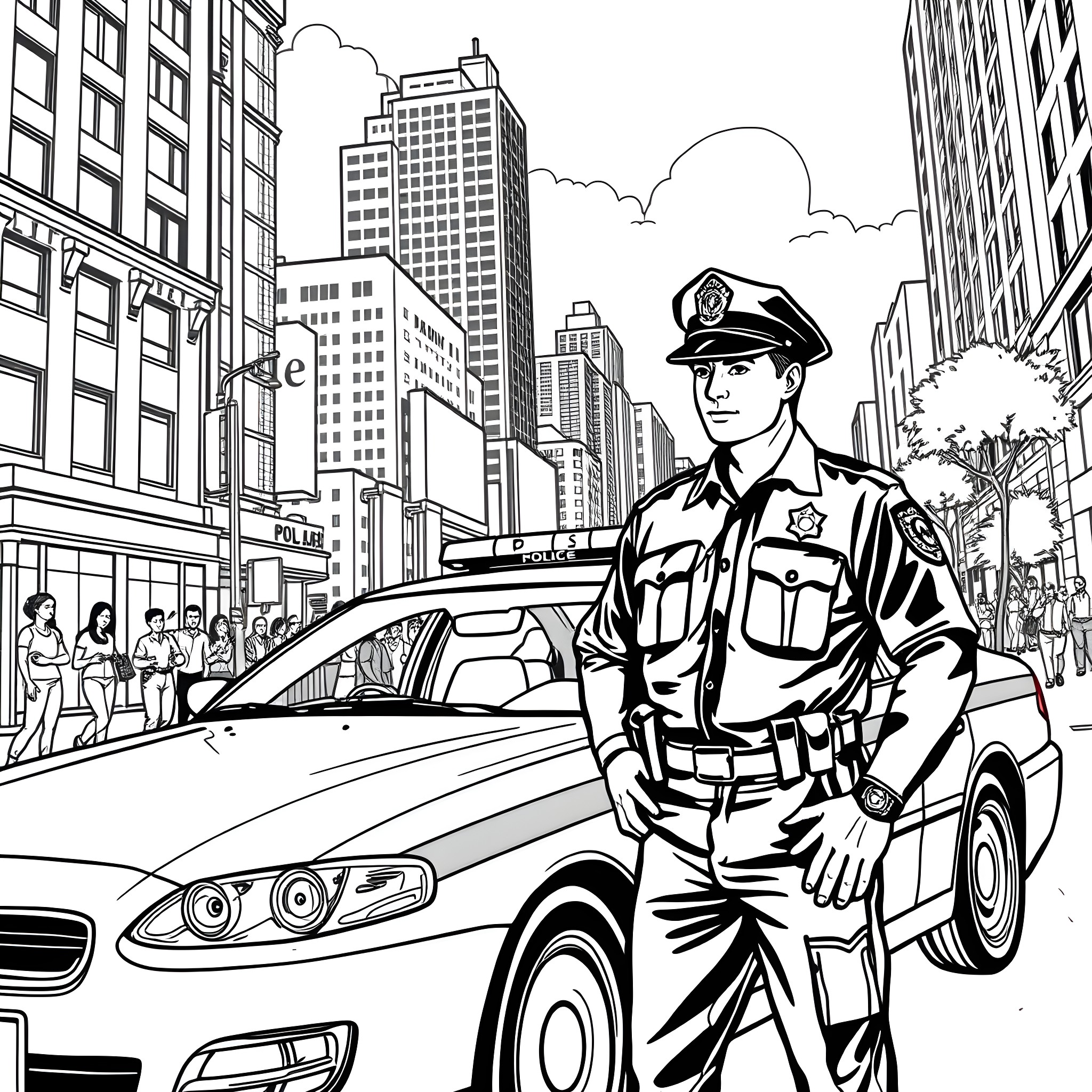Police Officer on Duty in the City Coloring Page (free black-and-white line drawing printable PDF for all, from beginners to advanced learners, including children, teens, adults, and seniors)