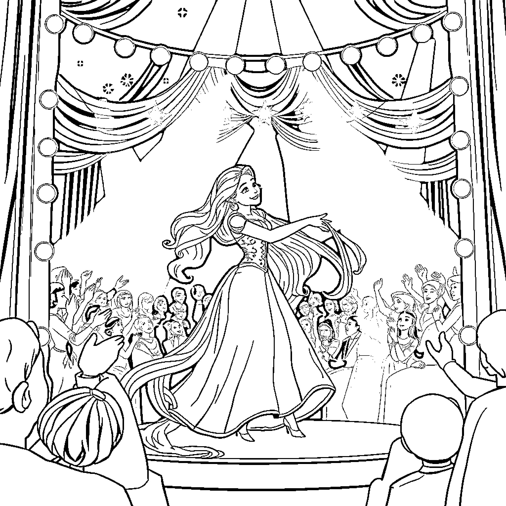 Rapunzel performing on stage in front of an audience Coloring Page (free black-and-white line drawing printable PDF for all, from beginners to advanced learners, including children, teens, adults, and seniors)