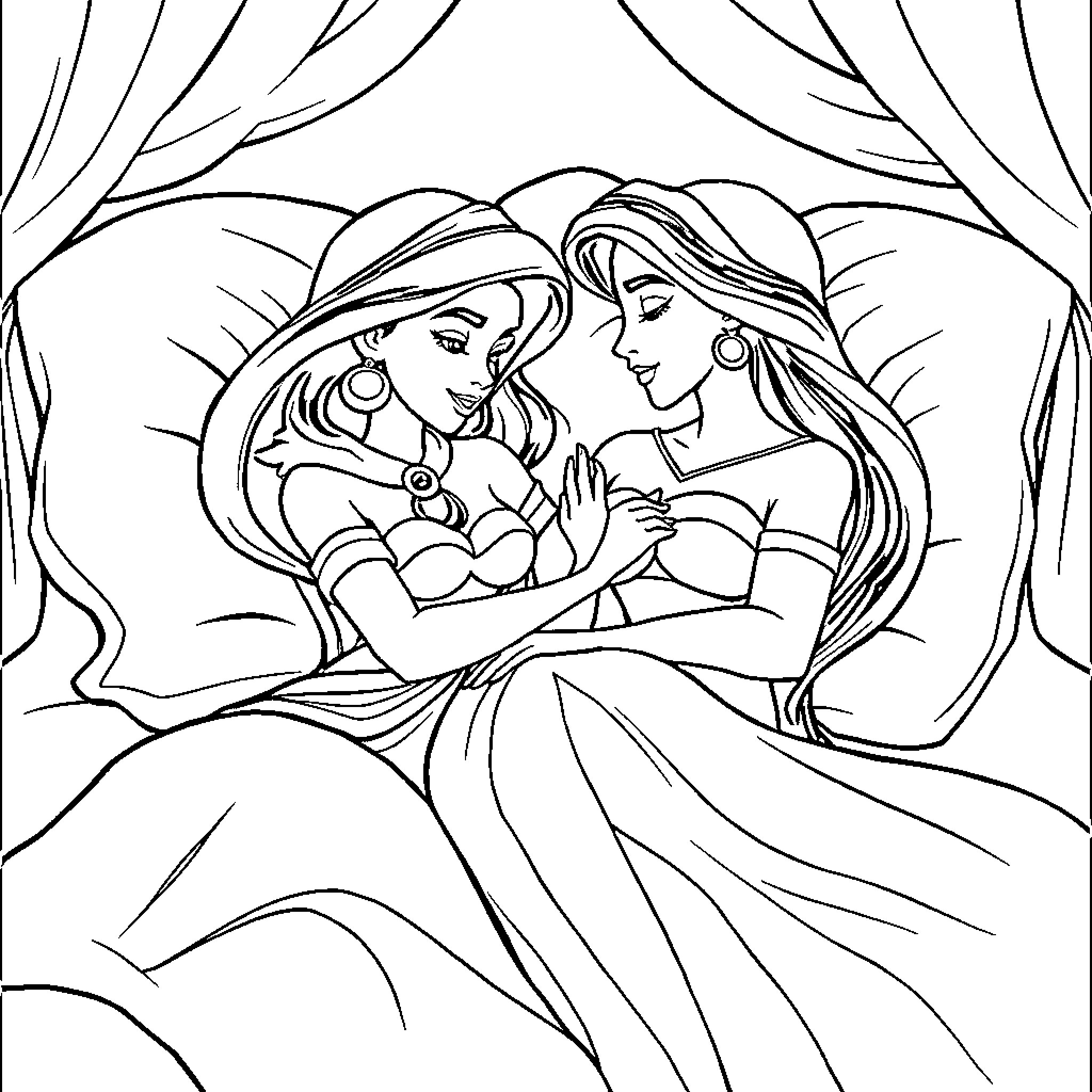 Jasmine relaxing in bed and talking with a friend Coloring Page (free black-and-white line drawing printable PDF for all, from beginners to advanced learners, including children, teens, adults, and seniors)
