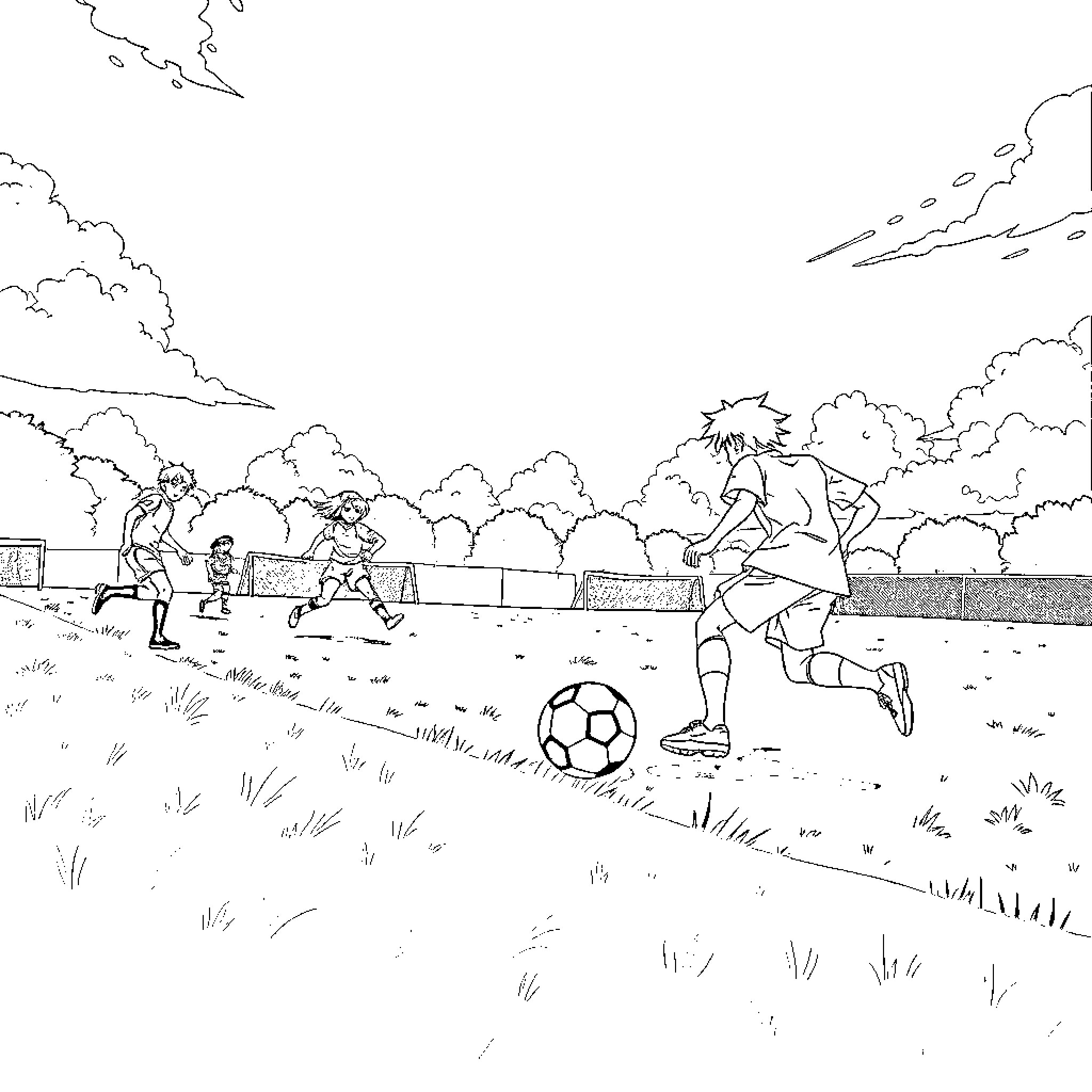 Anime Soccer Players in Outdoor Field Coloring Page (free black-and-white line drawing printable PDF for all, from beginners to advanced learners, including children, teens, adults, and seniors)