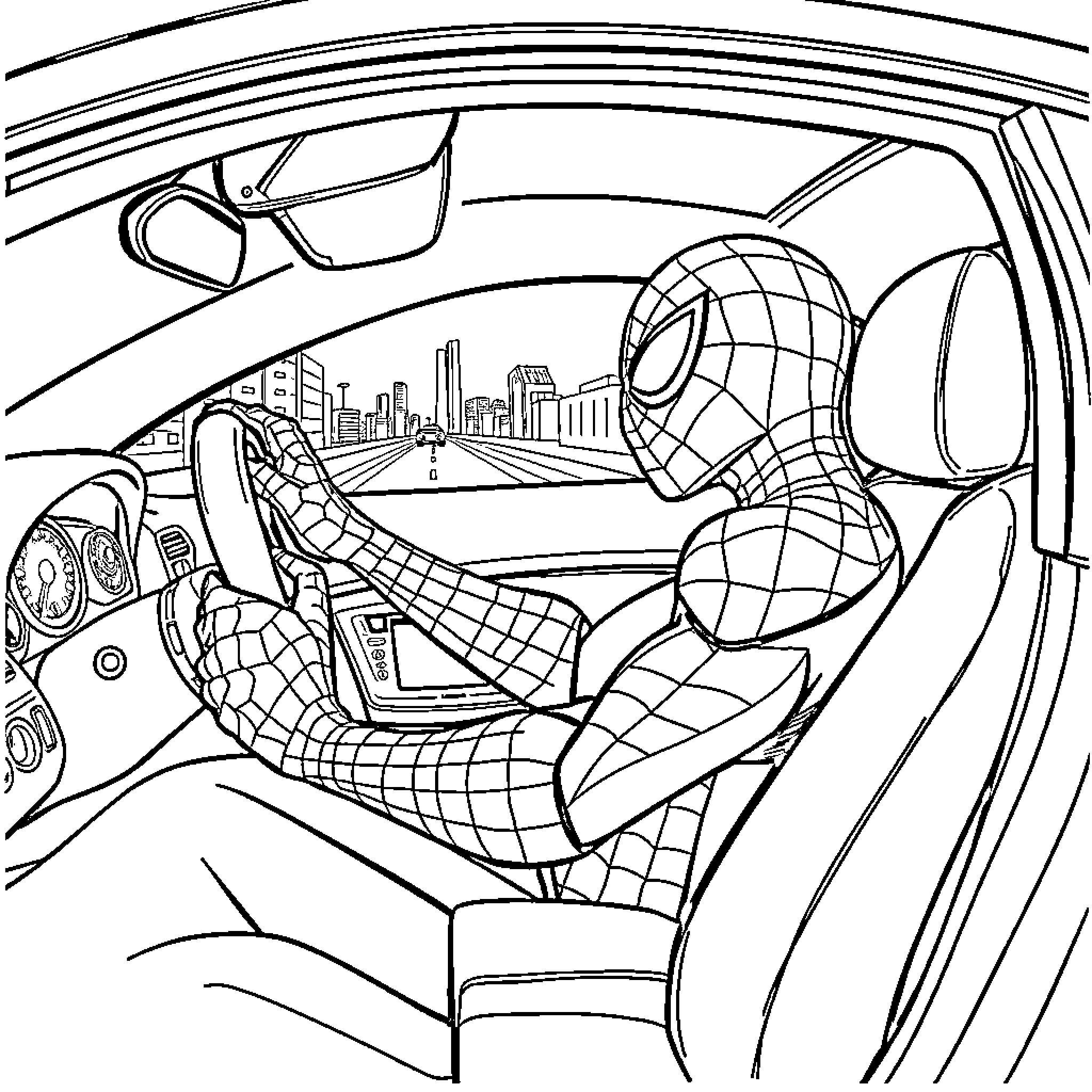 Spiderman driving a car through a city street Coloring Page (free black-and-white line drawing printable PDF for all, from beginners to advanced learners, including children, teens, adults, and seniors)