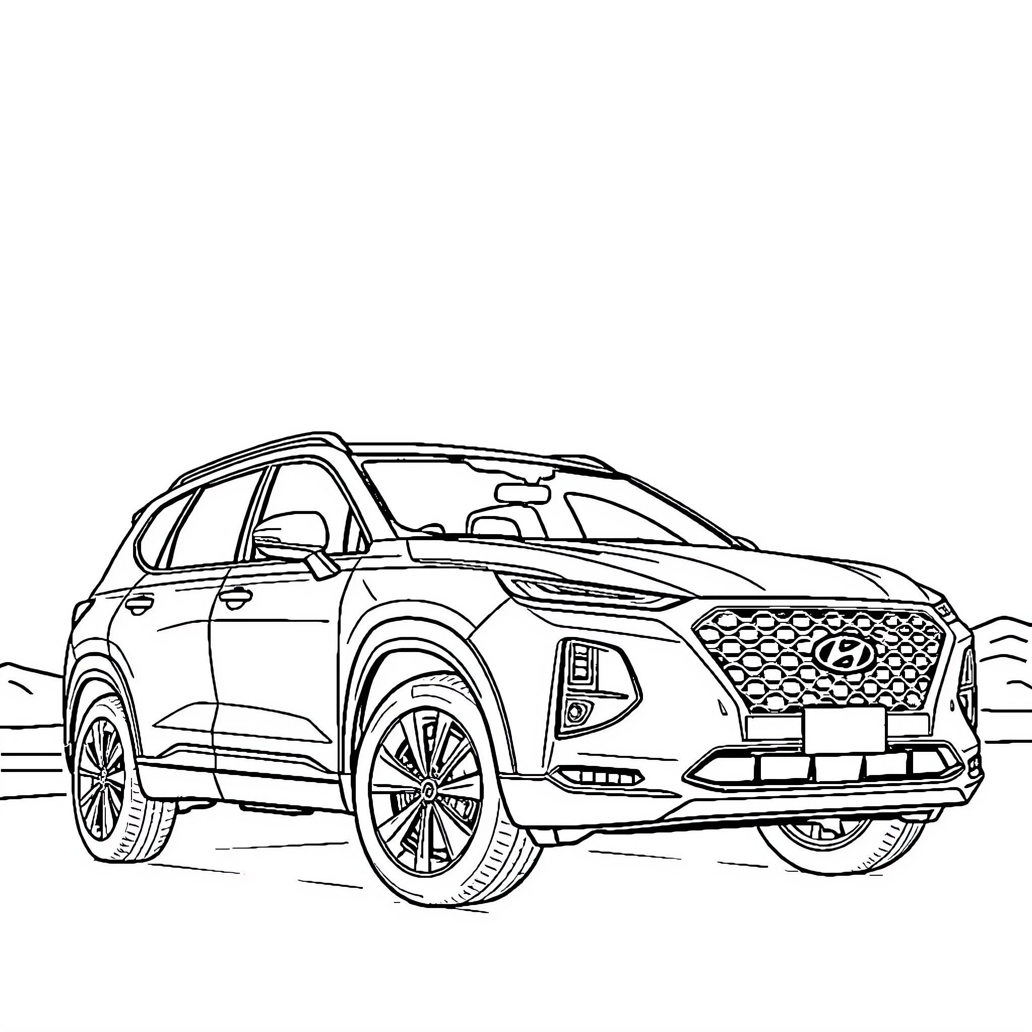 Hyundai Santa Fe in motion on the road Coloring Page (free black-and-white line drawing printable PDF for all, from beginners to advanced learners, including children, teens, adults, and seniors)