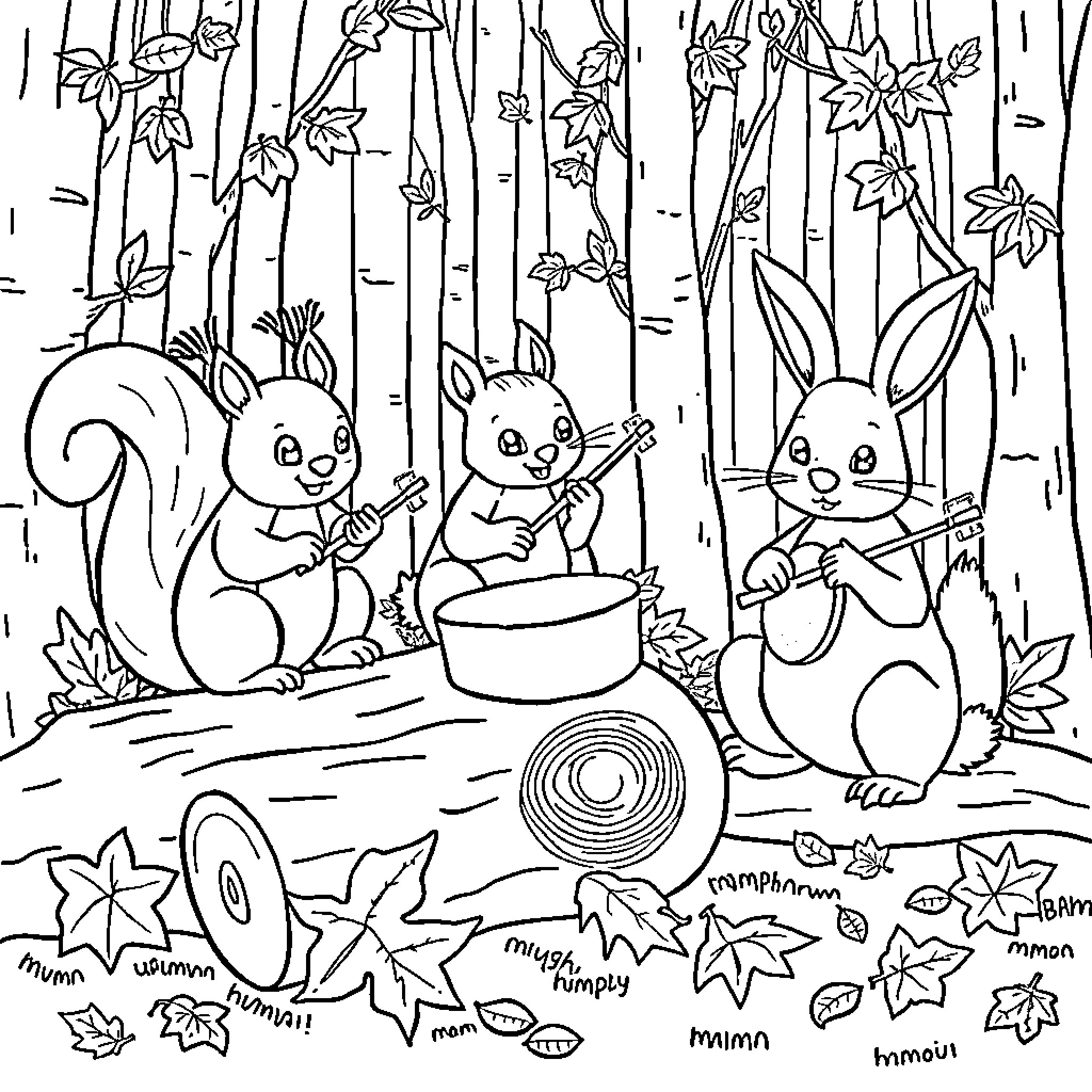 Animals playing music in the autumn forest Coloring Page (free black-and-white line drawing printable PDF for all, from beginners to advanced learners, including children, teens, adults, and seniors)