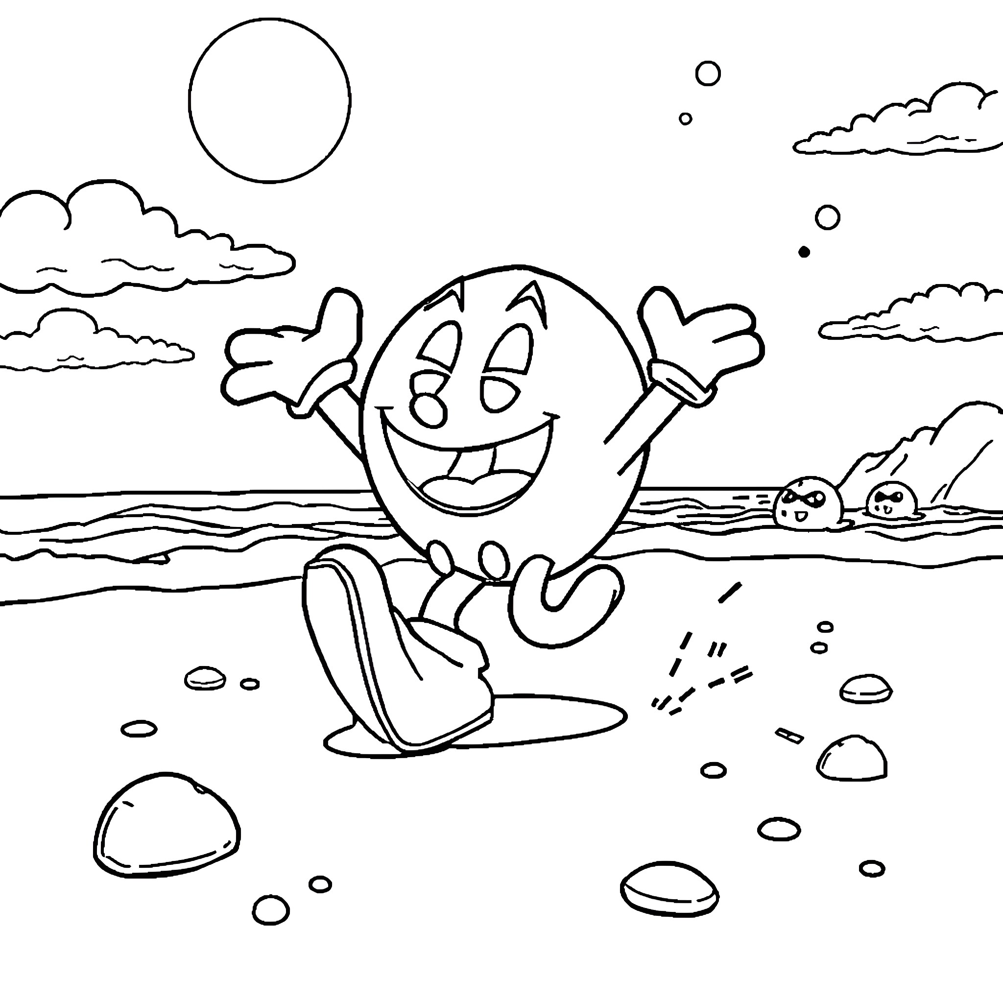 Pac-Man exploring the beach landscape Coloring Page (free black-and-white line drawing printable PDF for all, from beginners to advanced learners, including children, teens, adults, and seniors)