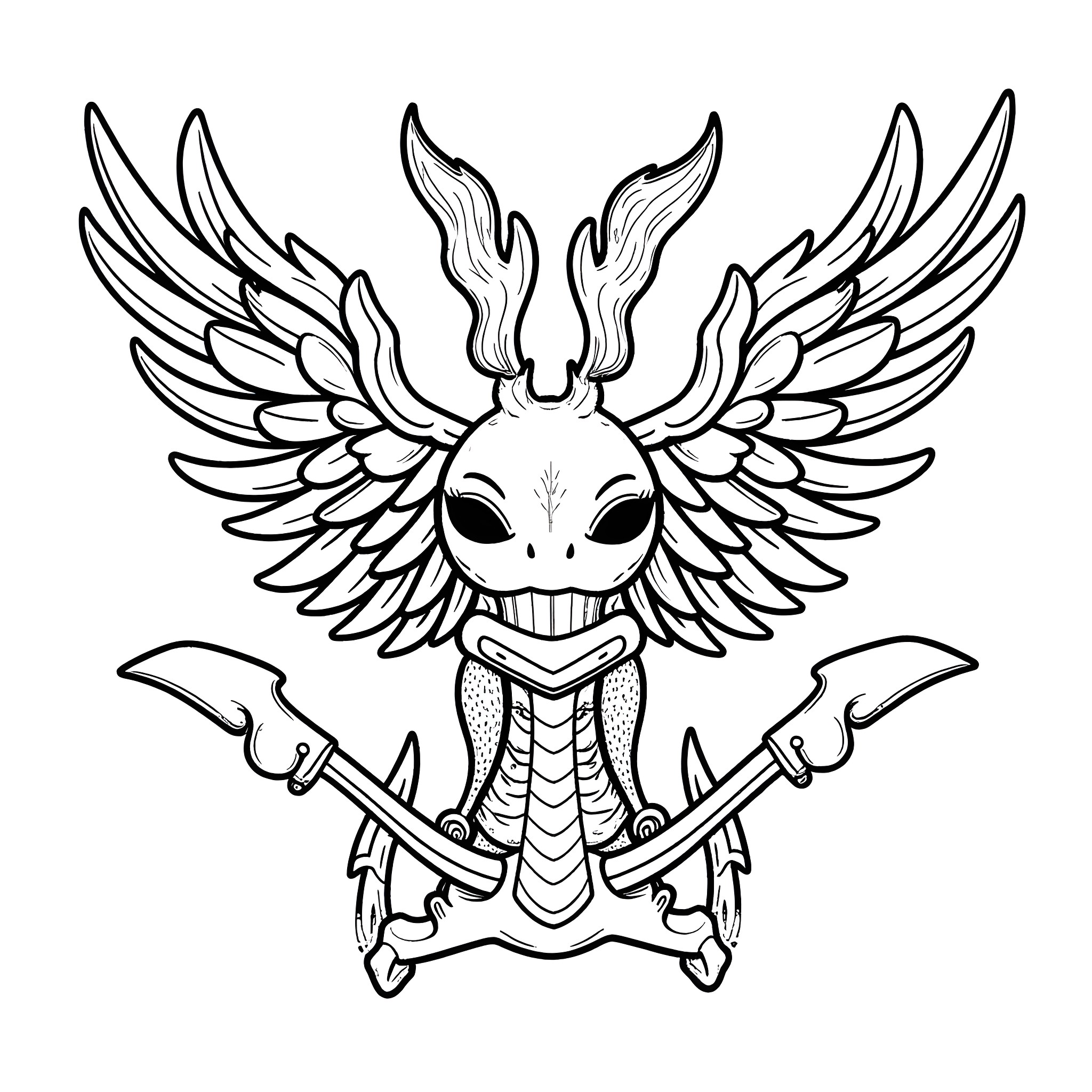 Band of Winged Creature with Crossed Weapons Coloring Page (free black-and-white line drawing printable PDF for all, from beginners to advanced learners, including children, teens, adults, and seniors)