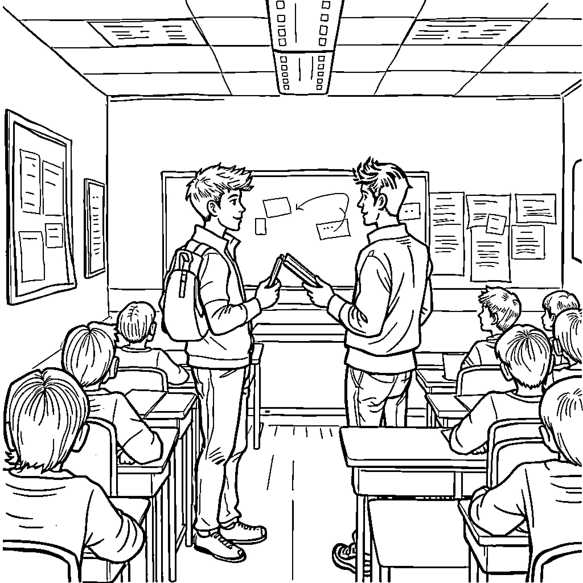 Class Presentation by Students in Classroom Coloring Page (free black-and-white line drawing printable PDF for all, from beginners to advanced learners, including children, teens, adults, and seniors)
