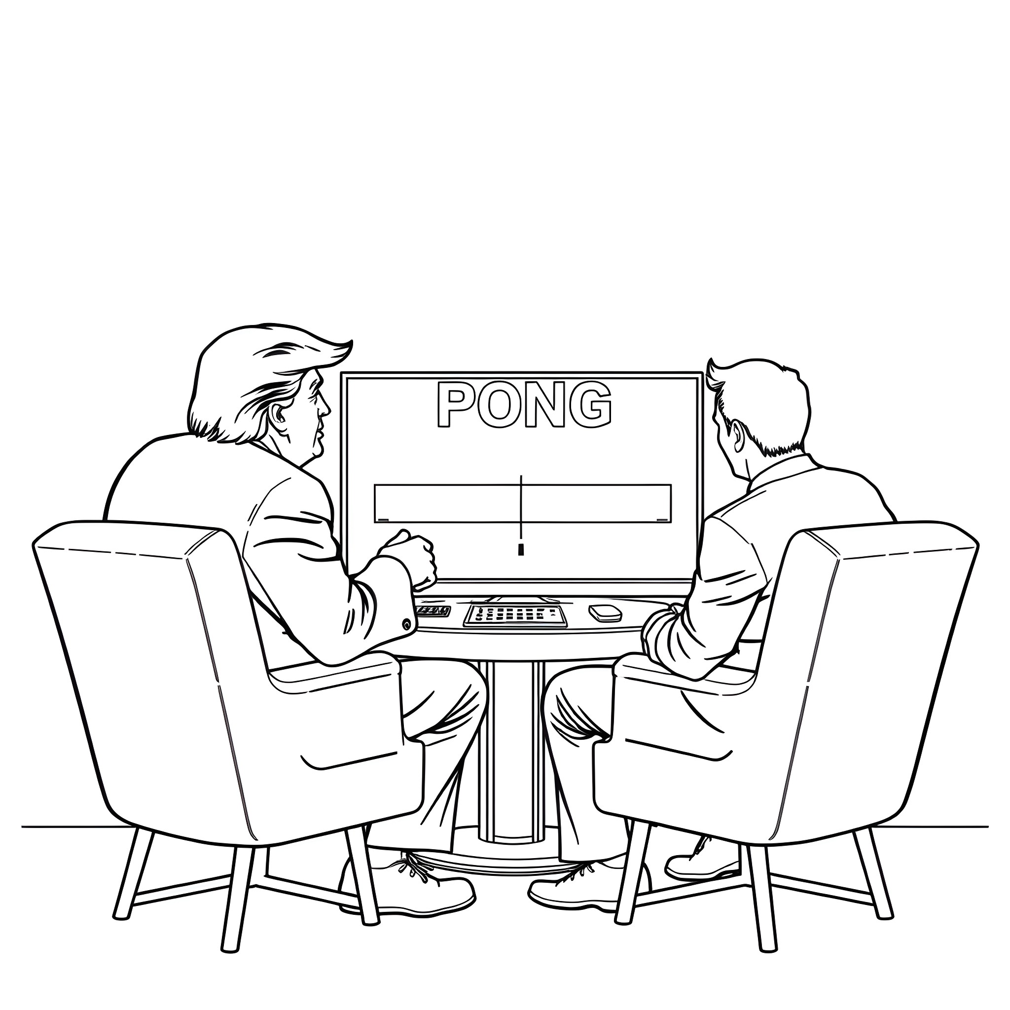 Donald Trump and opponent playing Pong video game Coloring Page (free black-and-white line drawing printable PDF for all, from beginners to advanced learners, including children, teens, adults, and seniors)