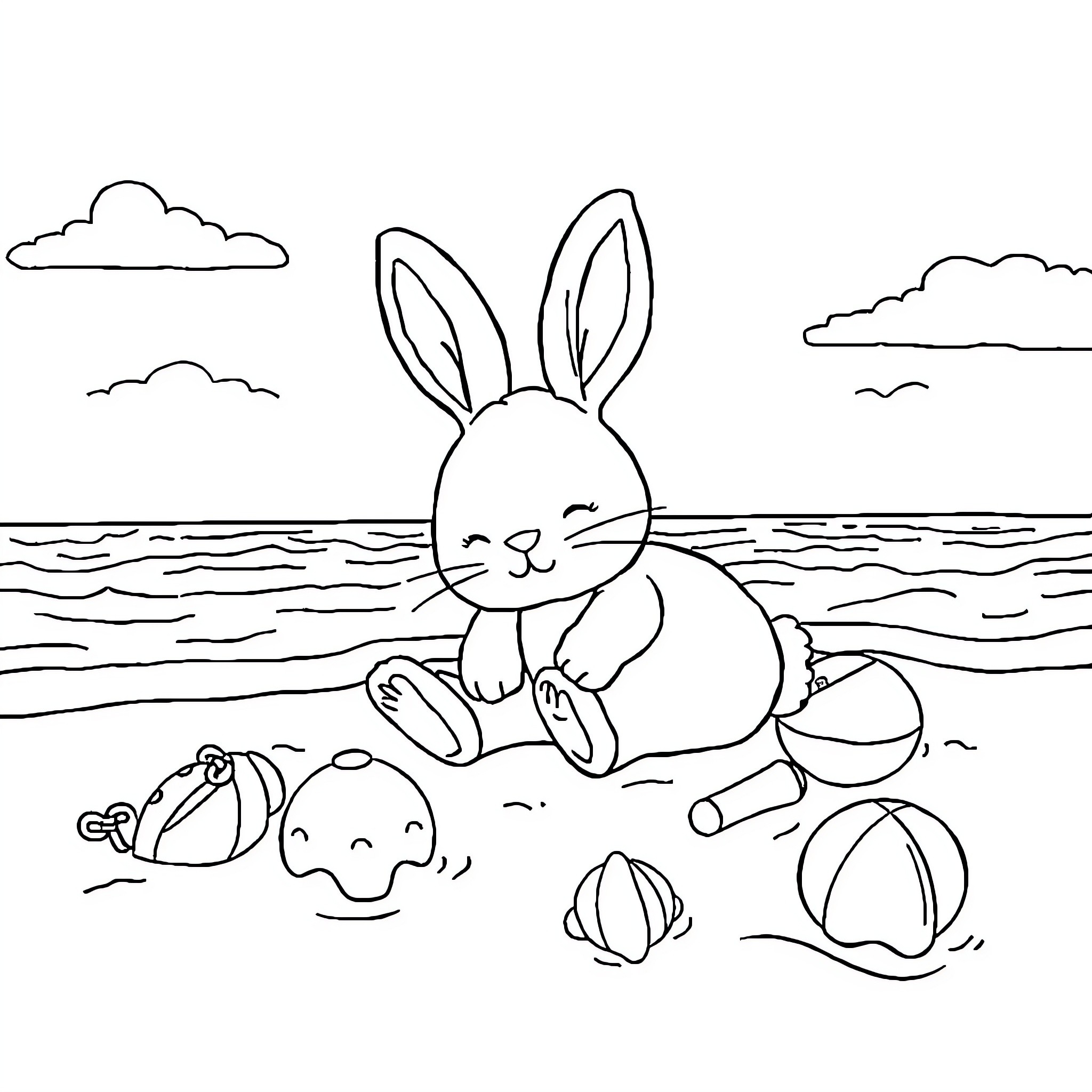Bunny enjoying a day at the beach Coloring Page (free black-and-white line drawing printable PDF for all, from beginners to advanced learners, including children, teens, adults, and seniors)
