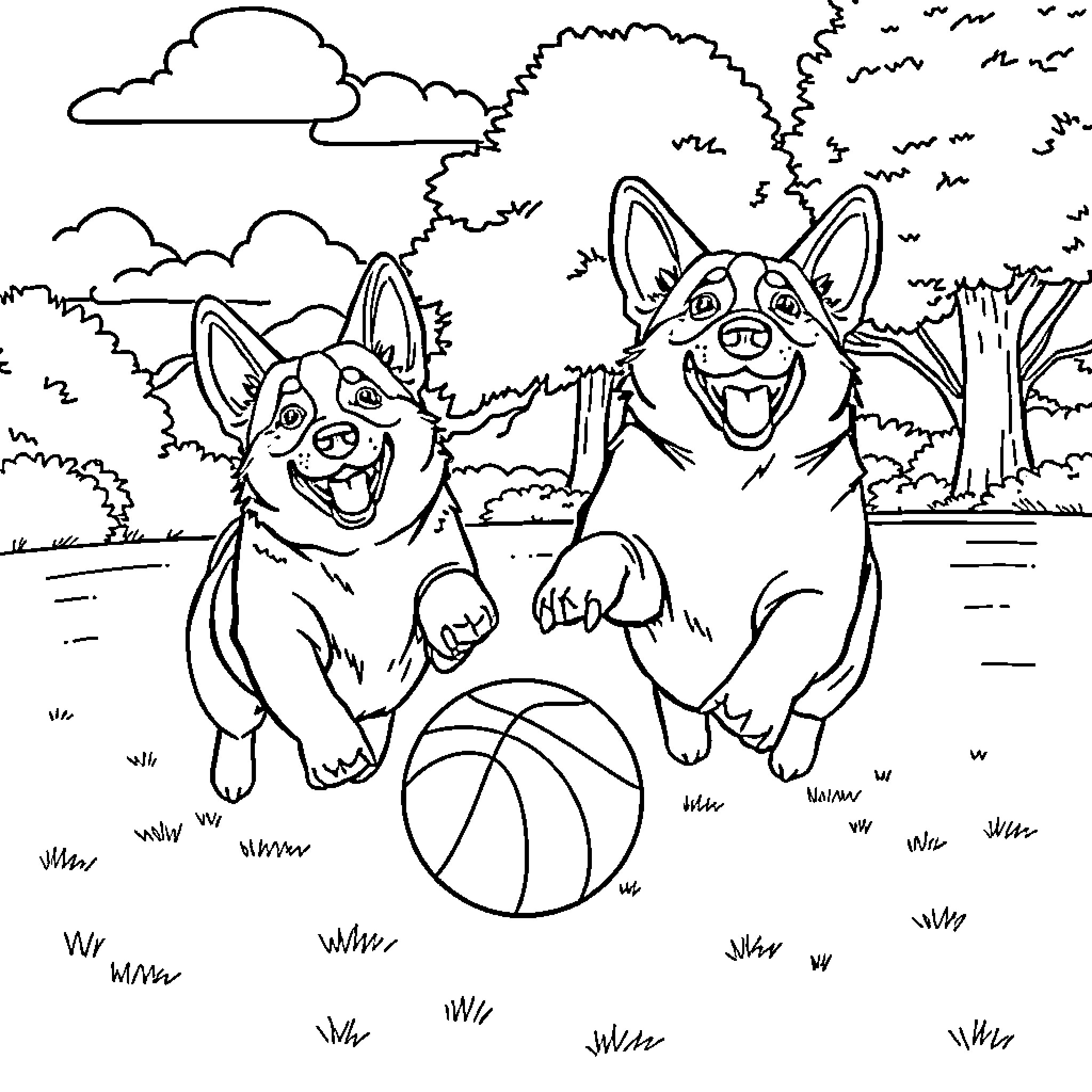 Corgi dogs playing with basketball in the park Coloring Page (free black-and-white line drawing printable PDF for all, from beginners to advanced learners, including children, teens, adults, and seniors)