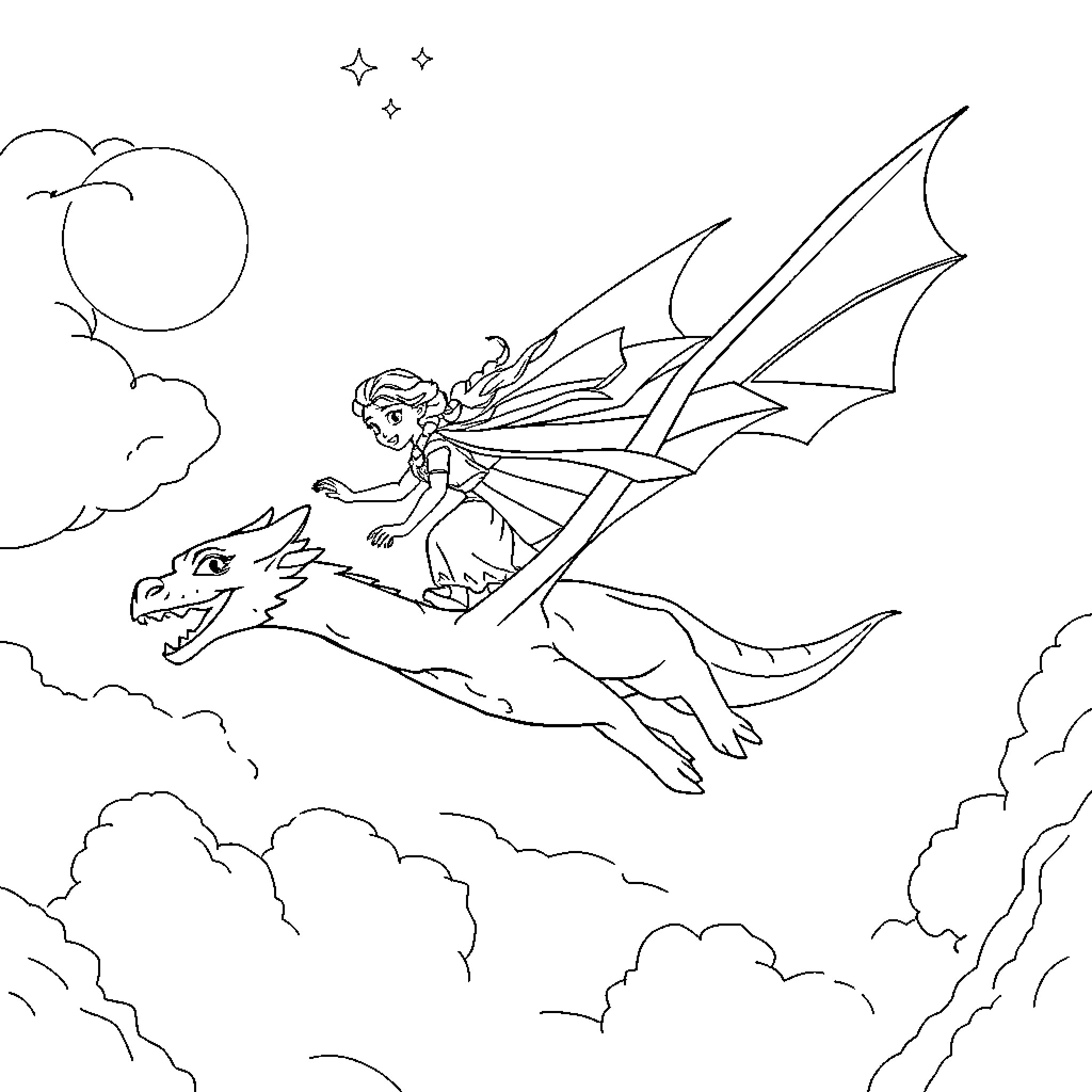 Elsa riding a dragon in the night sky Coloring Page (free black-and-white line drawing printable PDF for all, from beginners to advanced learners, including children, teens, adults, and seniors)