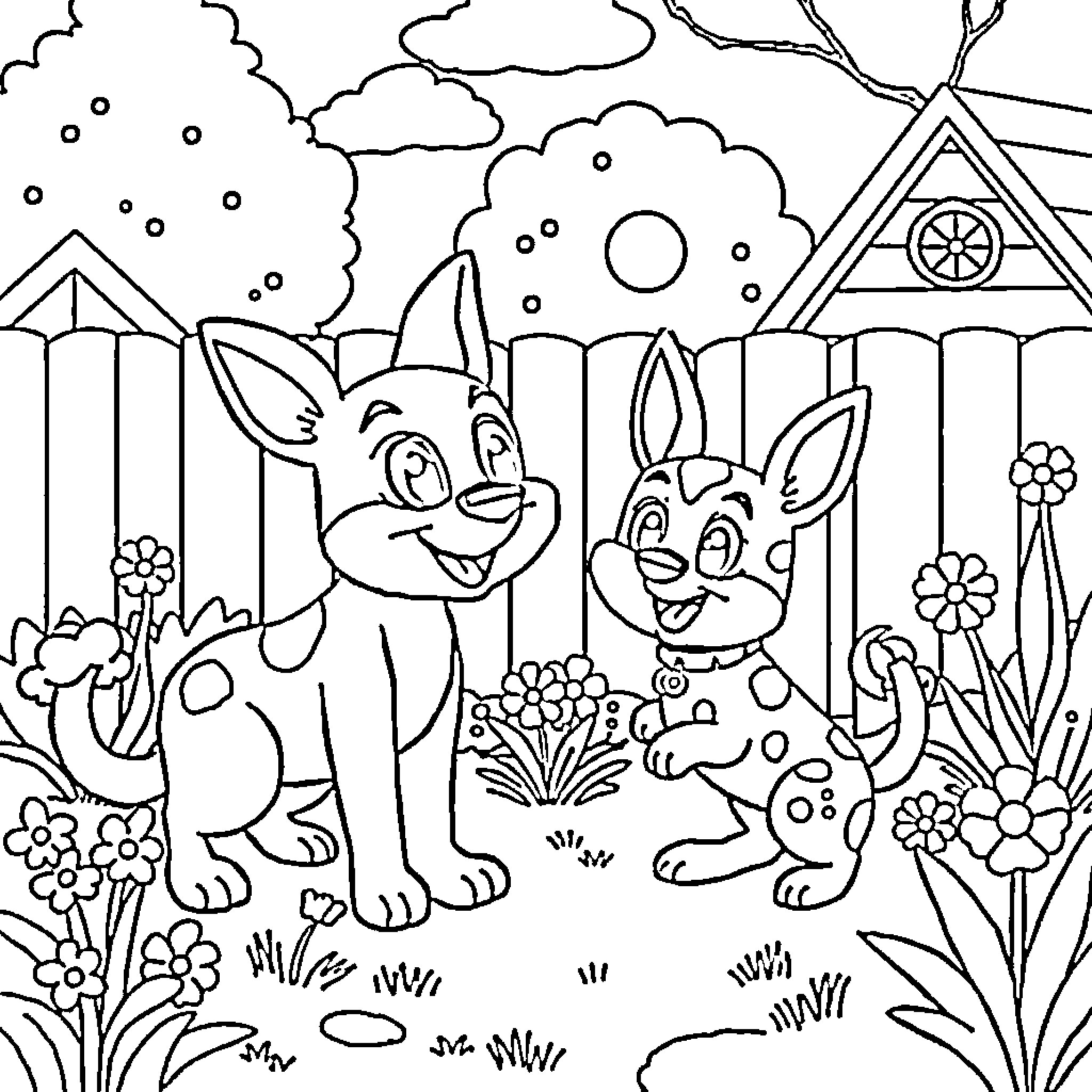 Bluey and Friends Playing in the Backyard Coloring Page (free black-and-white line drawing printable PDF for all, from beginners to advanced learners, including children, teens, adults, and seniors)